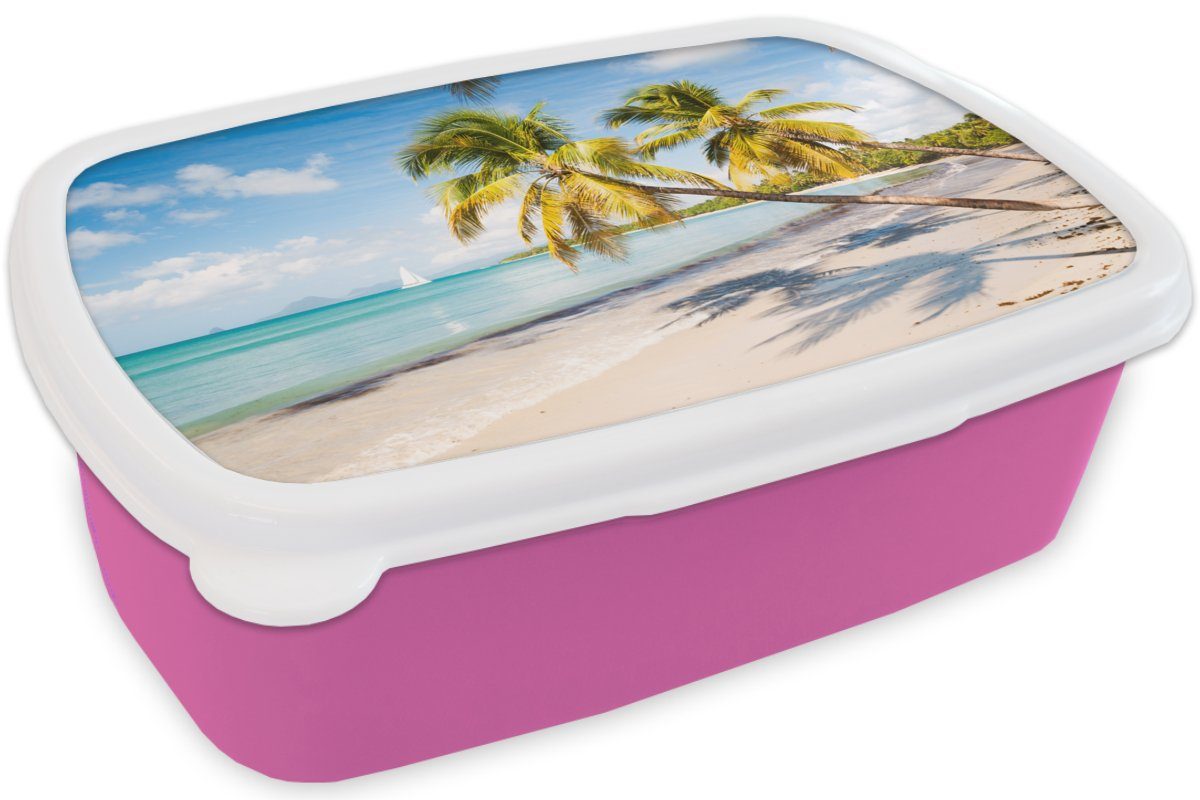 MuchoWow Lunchbox Strand Kunststoff, Erwachsene, rosa Brotbox Schatten, - Brotdose Kunststoff Snackbox, für - Kinder, (2-tlg), Mädchen, Palme