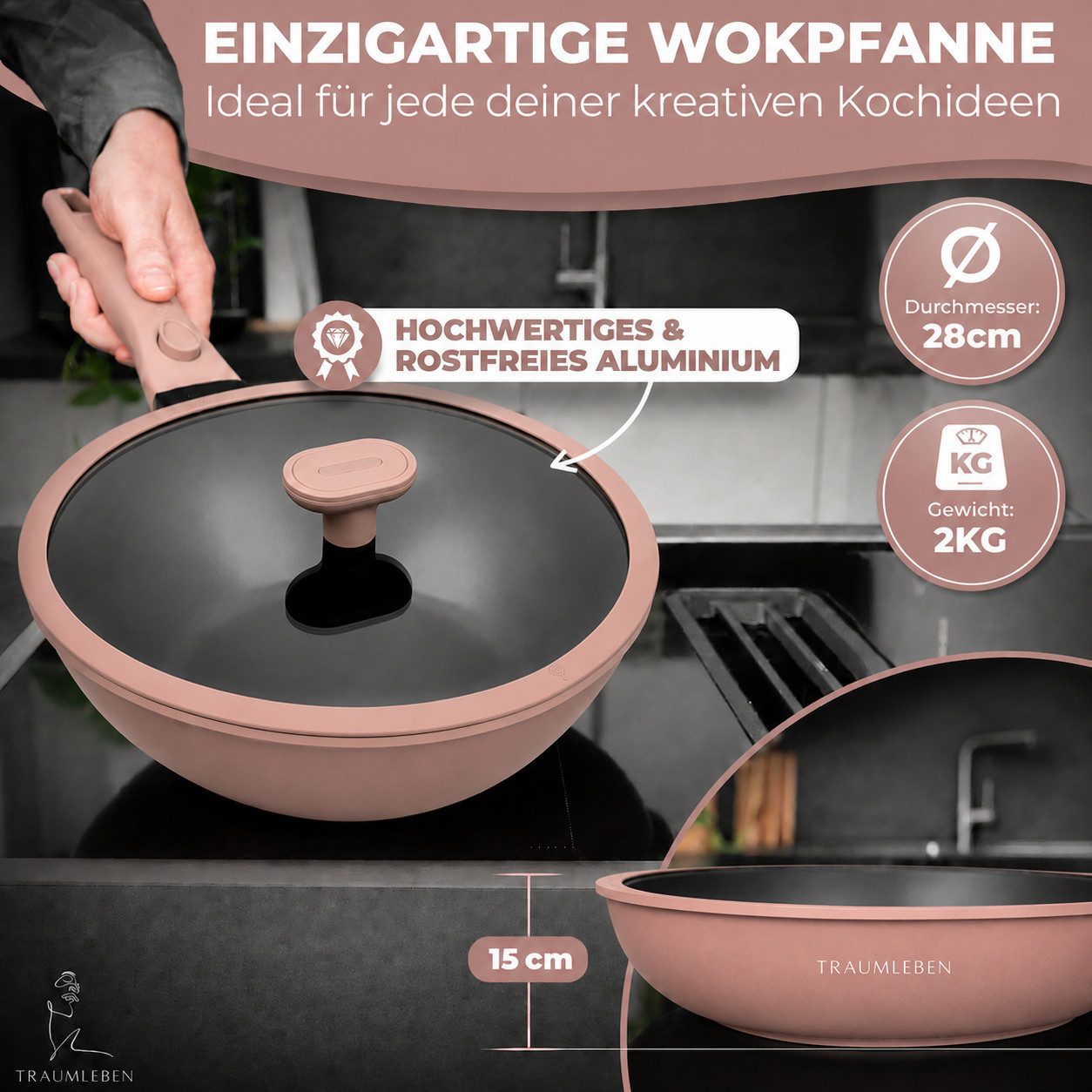 TRAUMLEBEN Wok 28 cm Wokpfanne mit Deckel, abnehmbarer Griff, Antihaftbeschichtung, aus Aluminium, für Induktion geeignet, backofenfest, hoher Rand – Bild 2 von 5