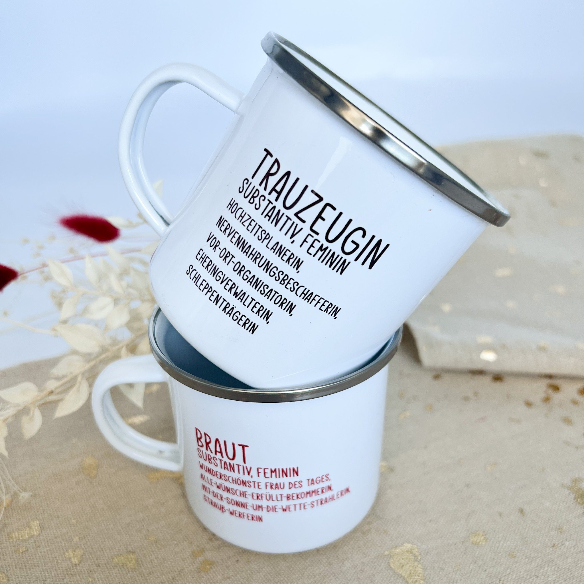 die Schöne für Becher Braut Geschenkidee Emaille Braut, shopandmarry Becher