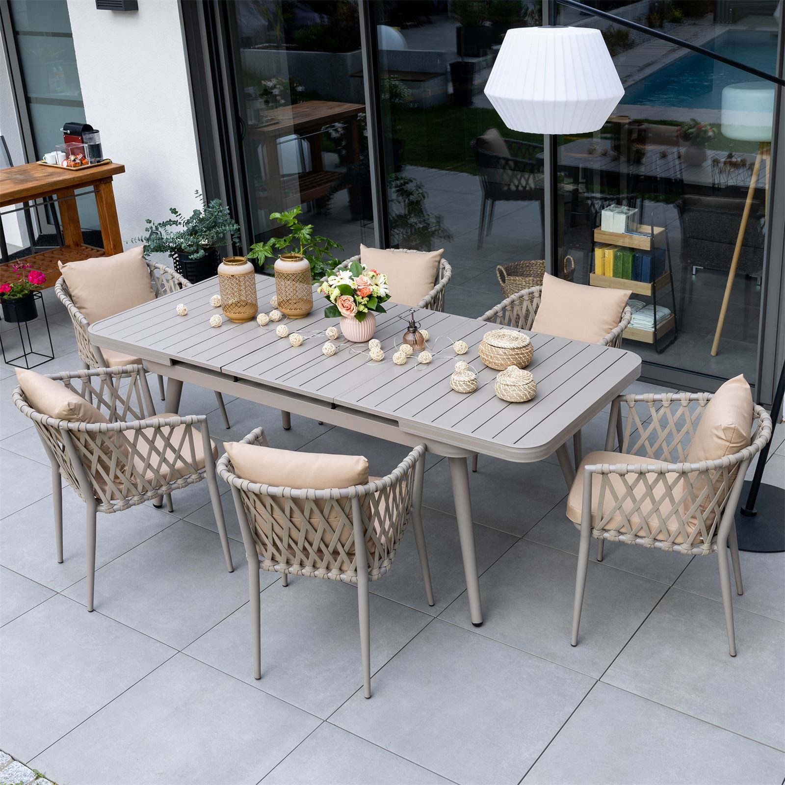 IDIMEX Garten-Essgruppe SUNNY, Gartenmöbel Set mit 6 Stühlen & ausziehbarem Tisch Champagner/Beige