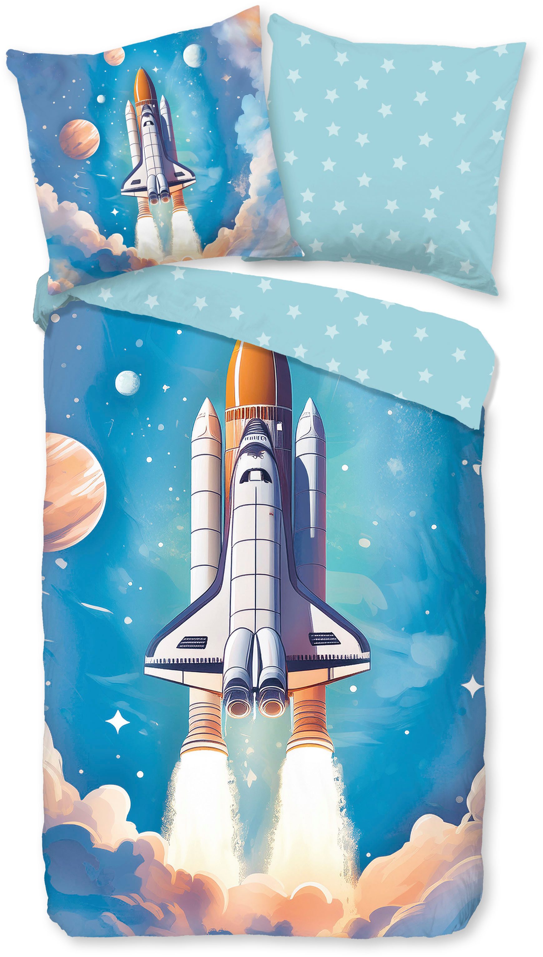 good morning Kinderbettwäsche Fred, Biber, Flanell, 2 teilig, Flanell Biber, 135x200, Warm, Reißverschluss, Wende, Weltraum, Rakete