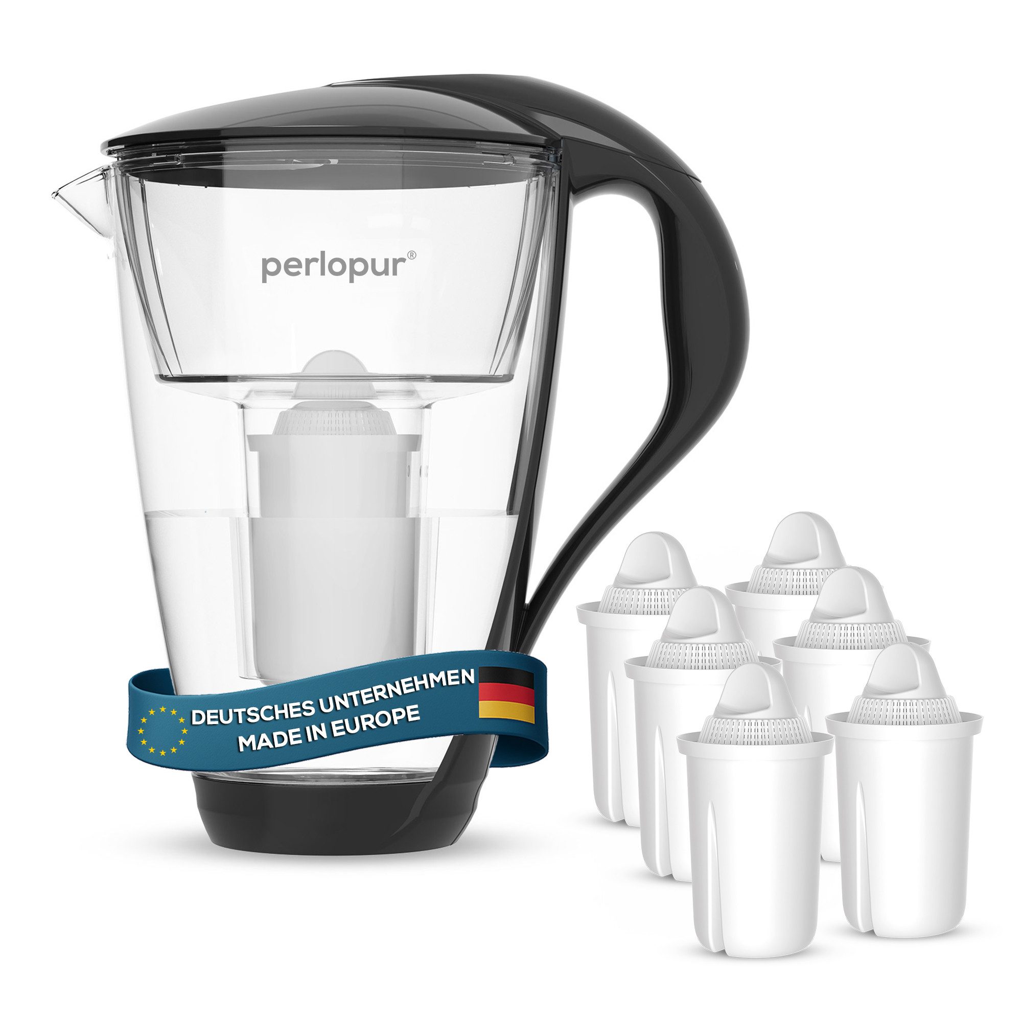 PerloPur Wasserfilter Glas Schwarz Inkl. 6 Universal Filterkartuschen