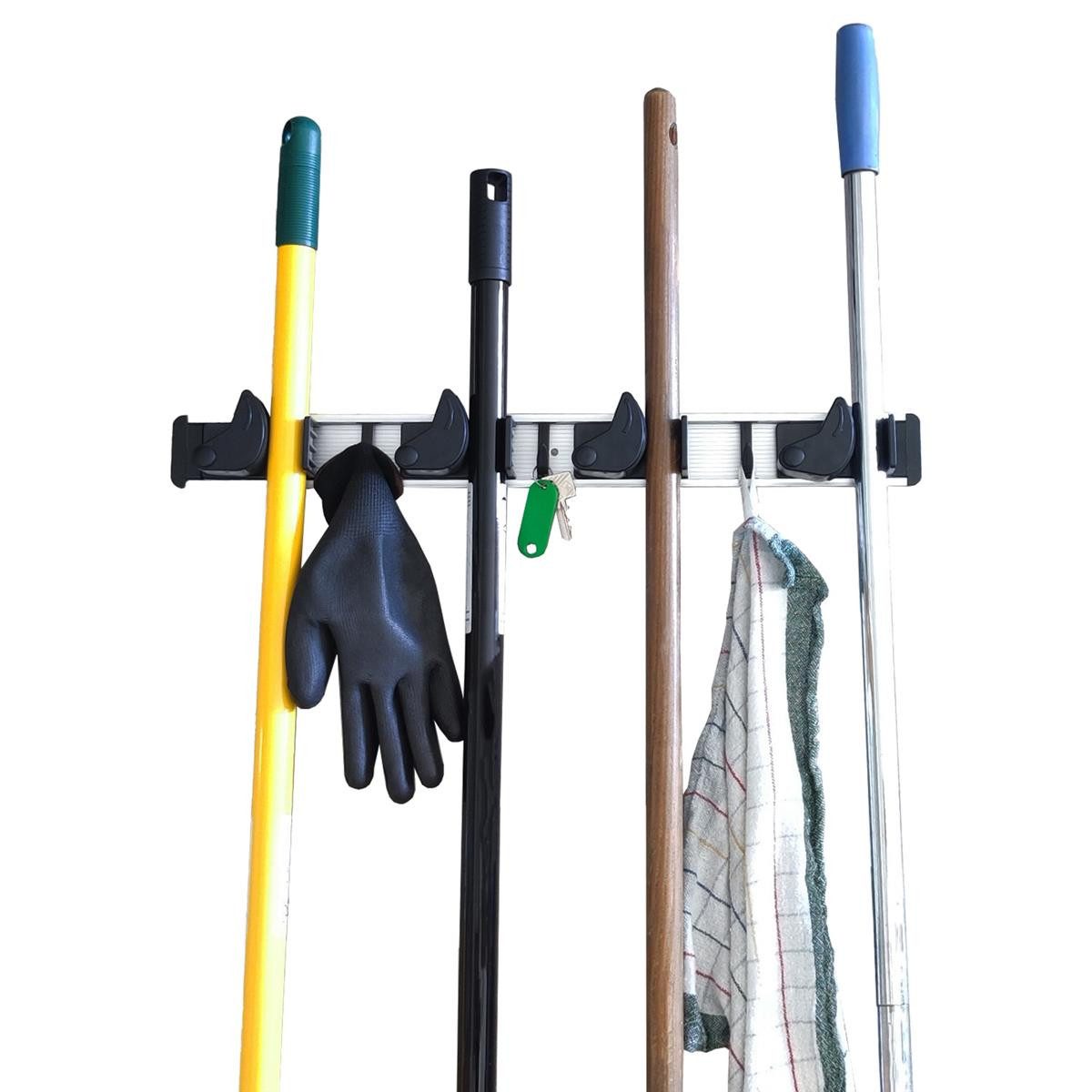 BÜMAG Wandhaken Hakenleiste mit Klemmen, 1 Stück, Schwarz, und andere Geräte, (Stück, 1-St., Hakenleiste), Geräteleiste Werkzeughalter Garten Garage Stielhalter Ordnungssystem