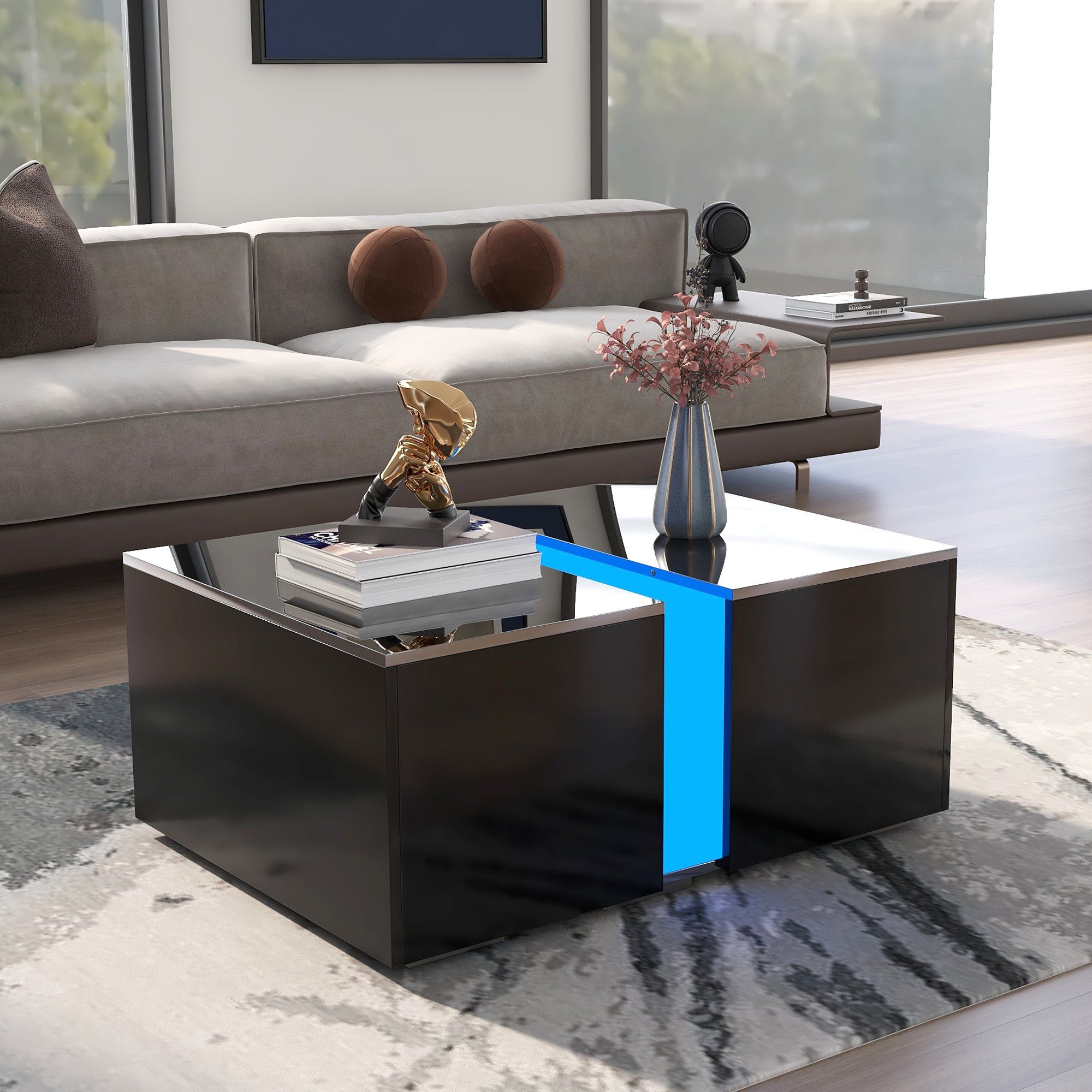 Couchtisch, hochglanz Sofatisch mit LED-Beleuchtung, Wohnzimmertisch mit ausziehbarer Tischplatte, Beistelltisch inkl. Fernbedienung