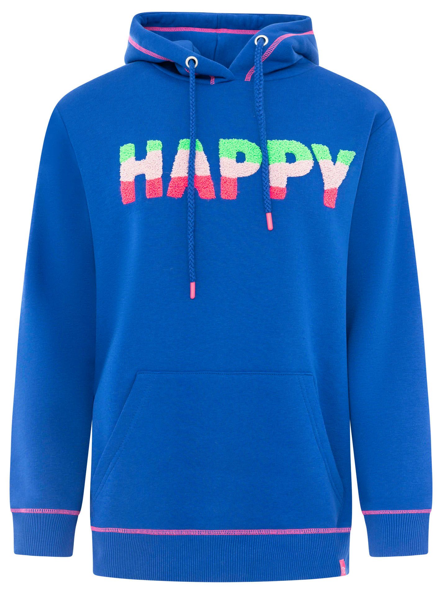 Zwillingsherz Hoodie "HAPPY" bunter Schriftzug aus Frottee, Kapuze mit Kordel, Kängurutasche