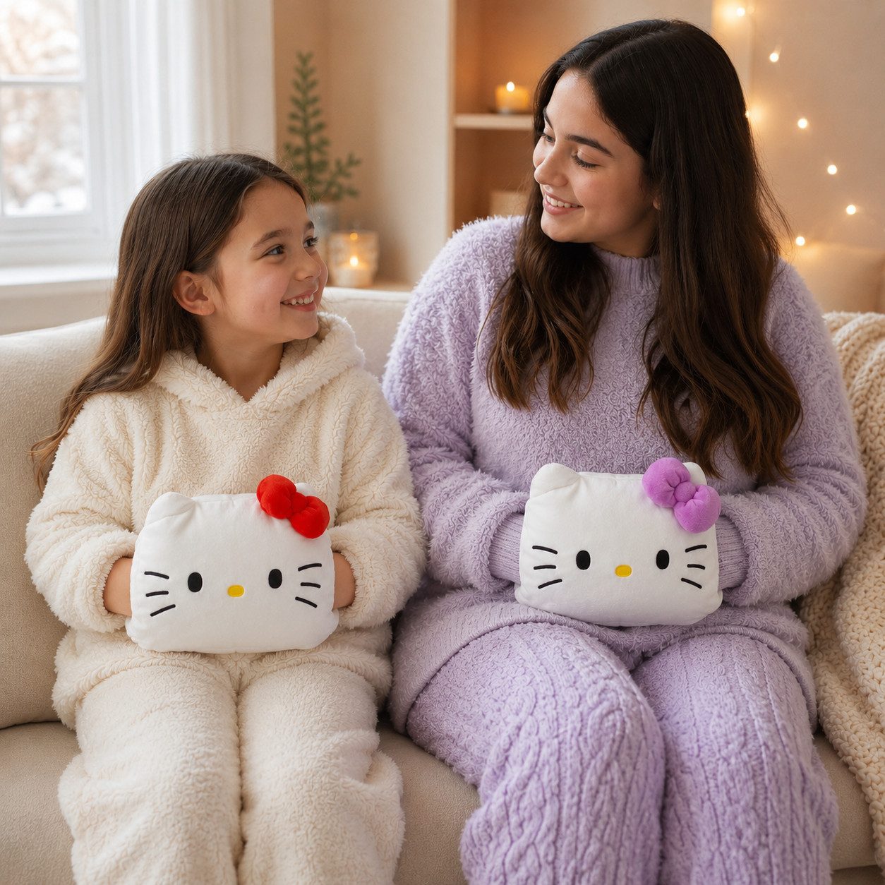 SANRIO Kuscheltier Hello Kitty Handwärmer Cuddle Buddy 22x30cm Artikel nicht wählbar (Set, 1-St., Geschenk-Set), Kuschelig weicher Handwärmer mit Schleife in Rot oder Lila Geschenke
