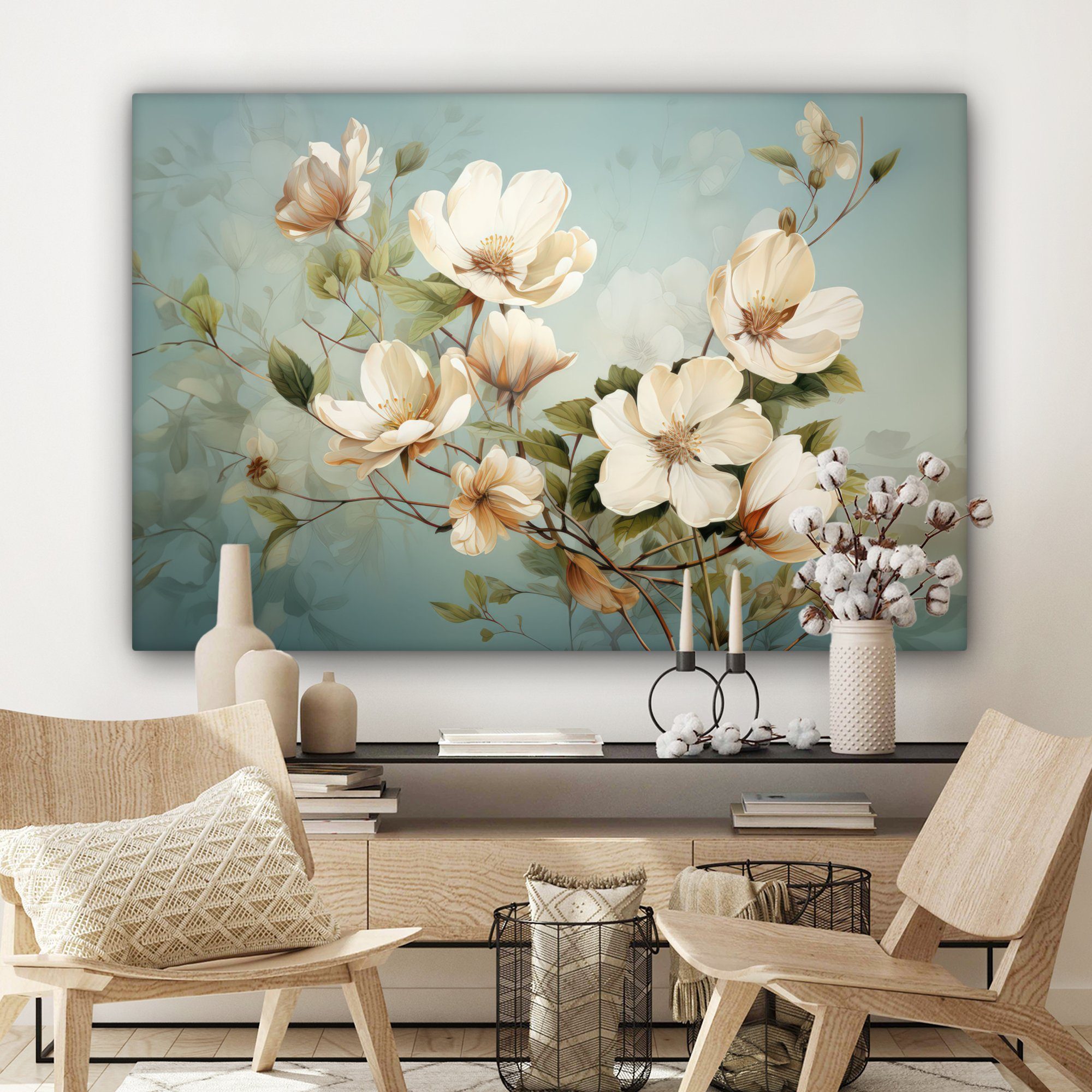 Weiß 120x80 alle großes, Wohnbereiche, cm für XXL, - Natur Gemälde, (1 St), OneMillionCanvasses® - Blumen Leinwandbild - Vintage, Wandbild