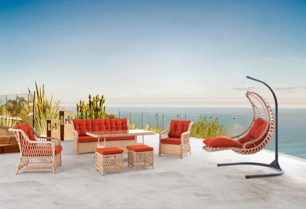 Xlmoebel Gartenlounge-Set Sofa-Set Gartenmöbel Tisch Hocker Sessel Veranda Lounge-Gruppe, (6tlg.Veranda Set (Sofa 2 + 1 + 1 Sitzer + Esstisch + 2x Hocker), Hergestellt in Europa