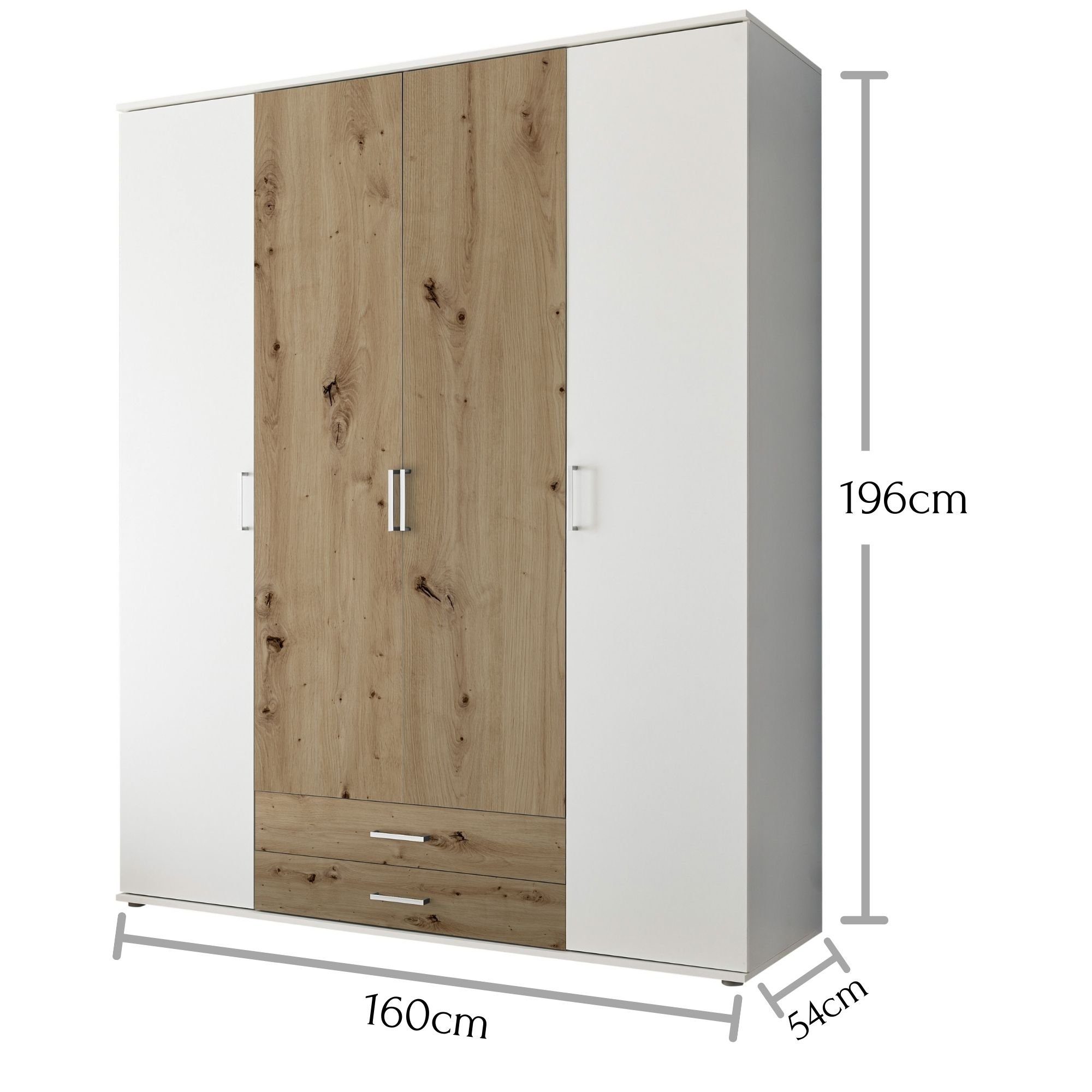 Pol-Power Kleiderschrank in Weiß / Artisan Eiche mit 2 Schubladen und 4 Türen (BxHxT: 160x196x54 cm)