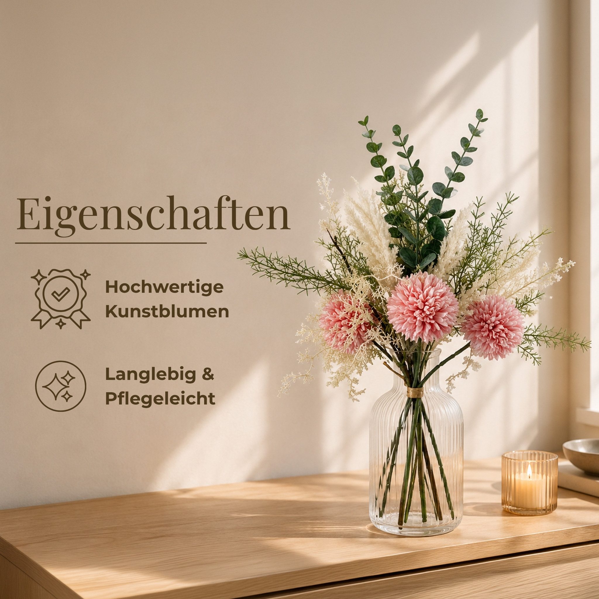 matches21 HOME & HOBBY Bilderrahmen Kunstblumen-Strauß rosa mit Dahlien Eukalyptus wie echt, Großer Blumen-Strauß für Vasen als realistische Blumen-Deko – Bild 3 von 5