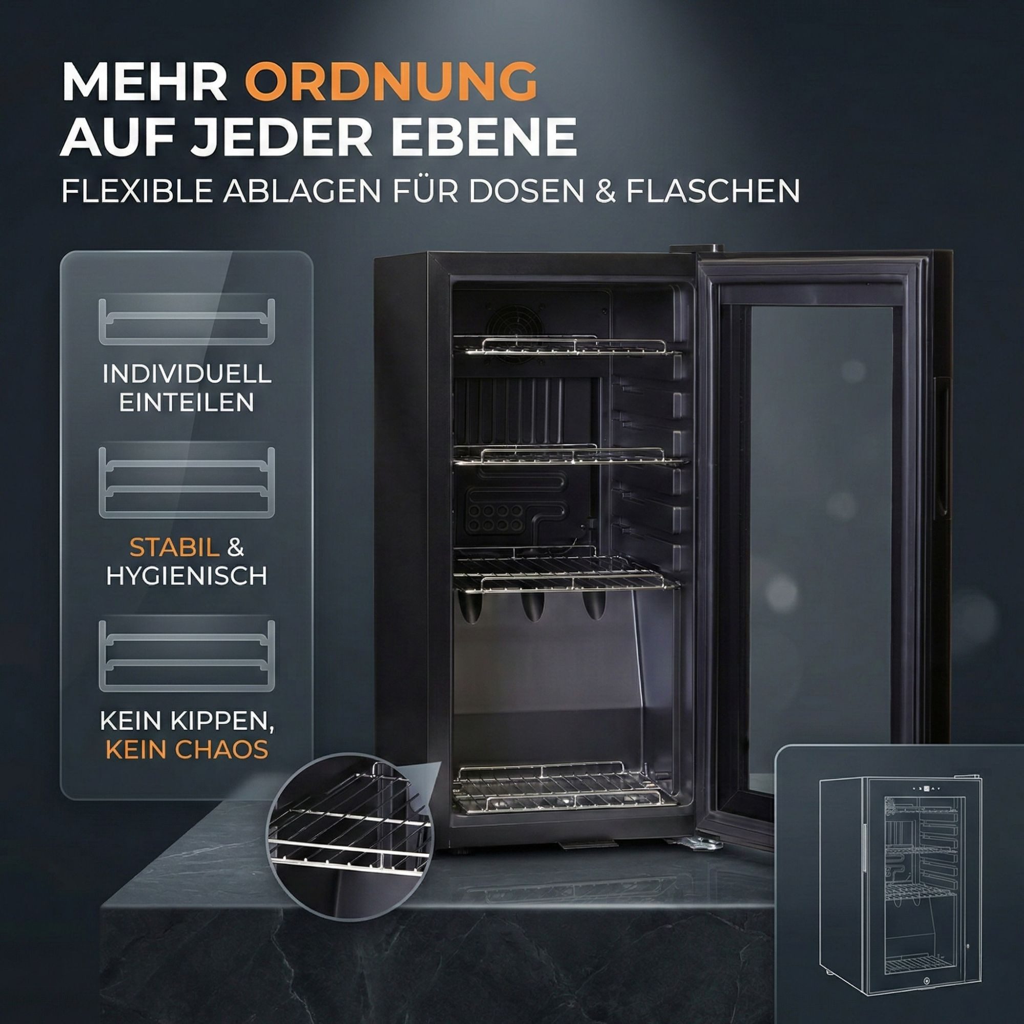 Sommertal Getränkekühlschrank GK50, 70 cm hoch, 35 cm breit, Touchscreen & Schloss kleiner Flaschenkühlschrank schwarz 50L – Bild 5 von 5