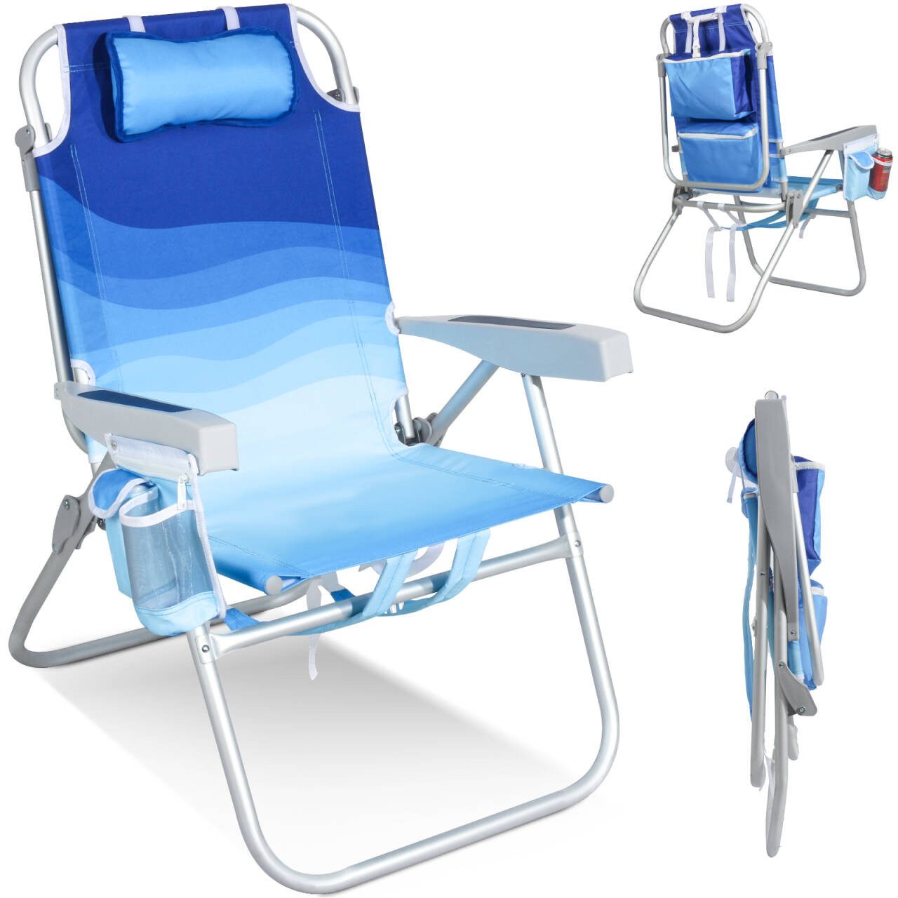HOMECALL Klappstuhl Strandstuhl Leicht Klappbar Camping, 5-fach verstellbare Rückenlehne (Bis 136KG, Aluminiumrahmen, große Kühltasche und Aufbewahrungstasche, 1 St), Seitentaschen, Kopfstütze, Schultergurten, Handtuchhalter