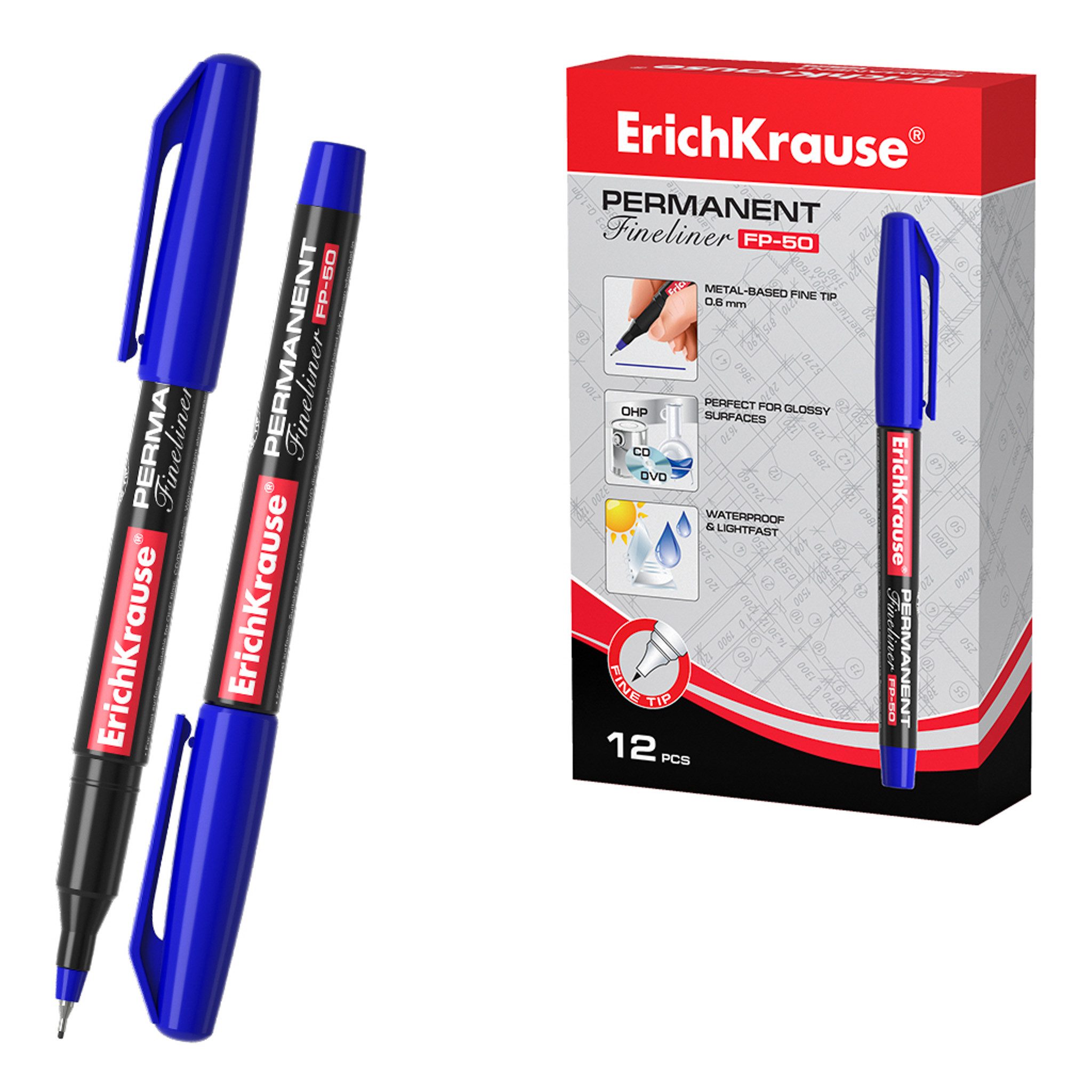 Erich Krause Fineliner, Fineliner FP-50 wasserfest 0,6mm Blau 12er Pack