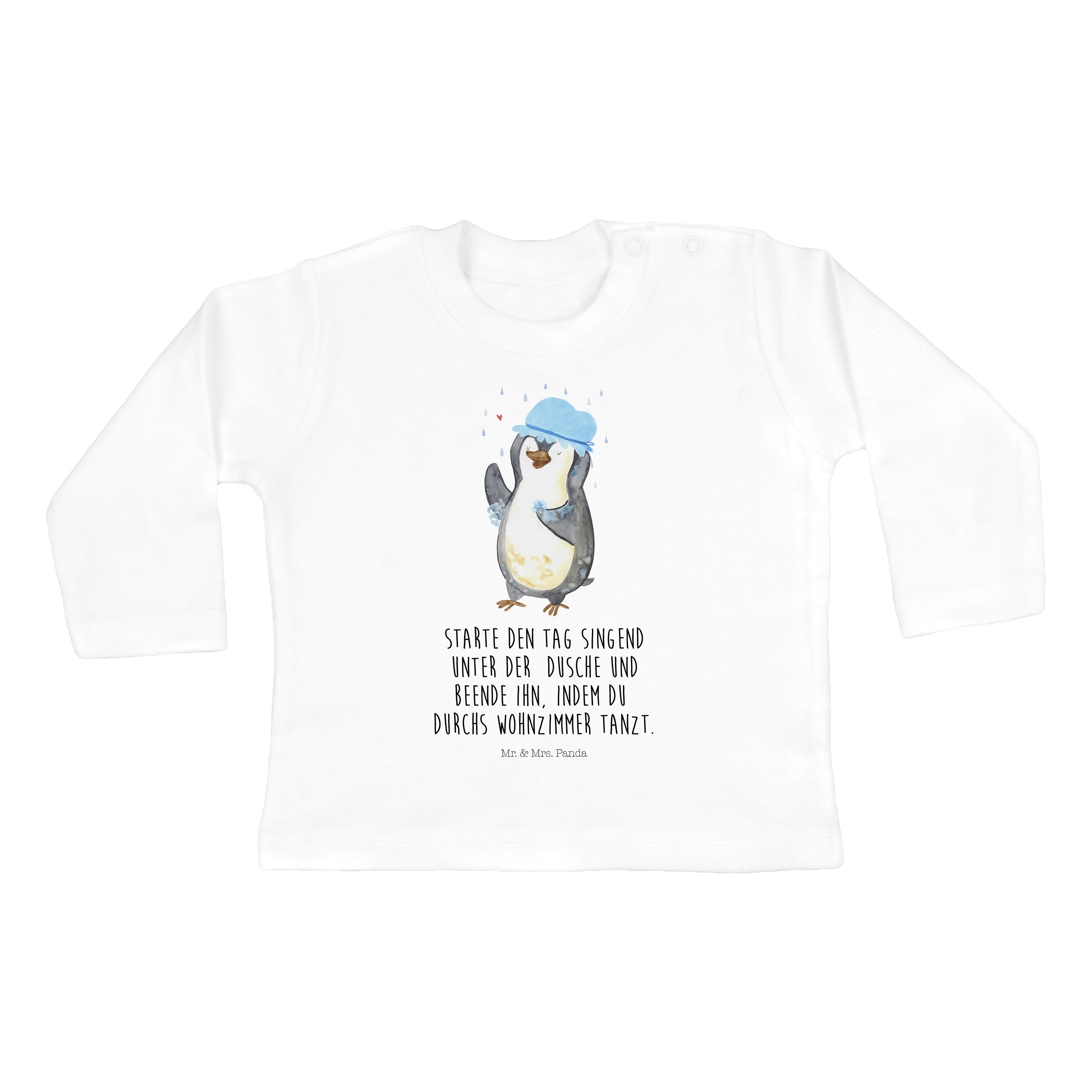 Mr. & Mrs. Panda Strampler Pinguin duscht - Weiß - Geschenk, duschen, Motivation, baden, Neustar (1-tlg)