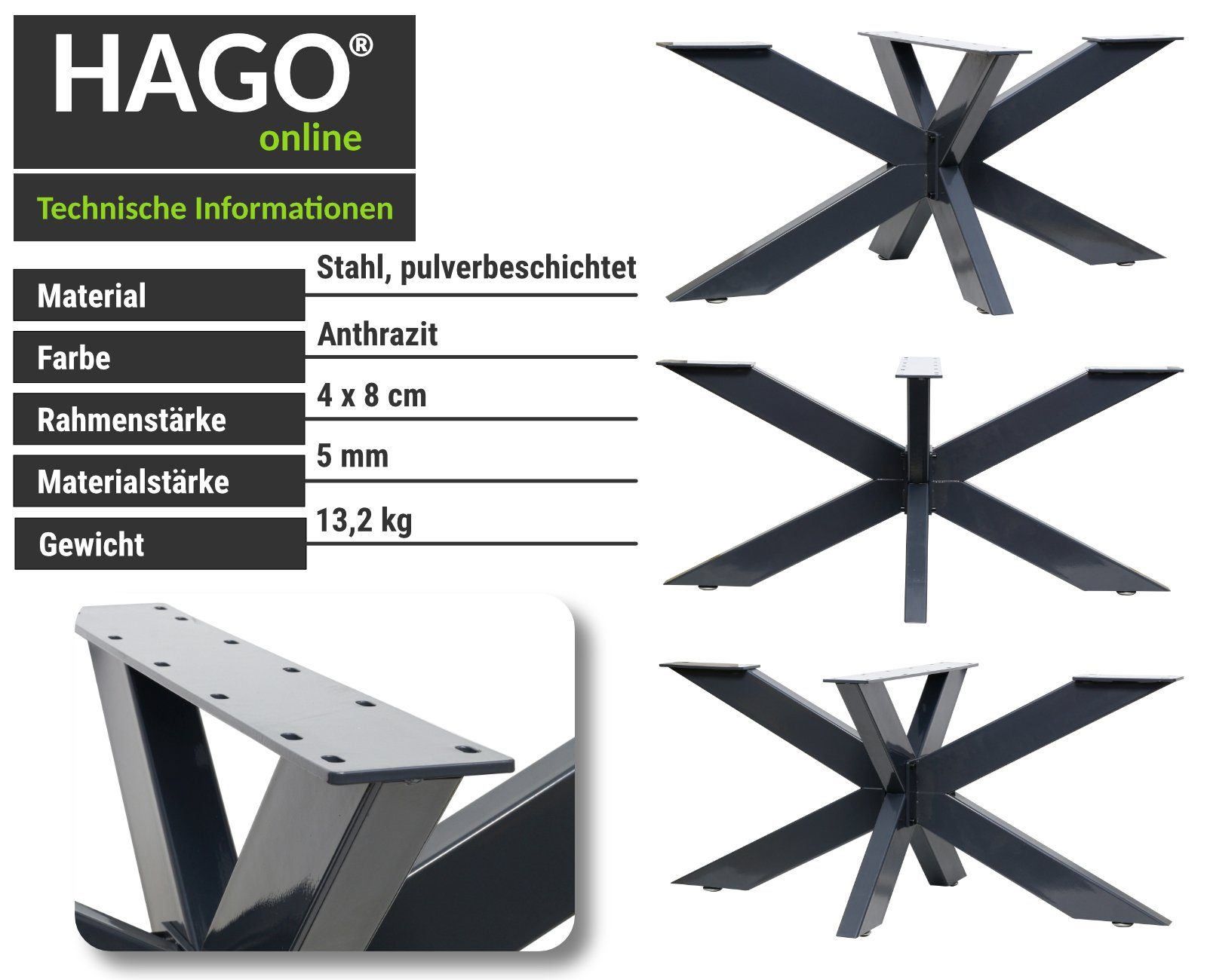 HAGO Tischbein DIY Design Industrielook Kreuzgestell Tischbein Rustikal Tischgestell