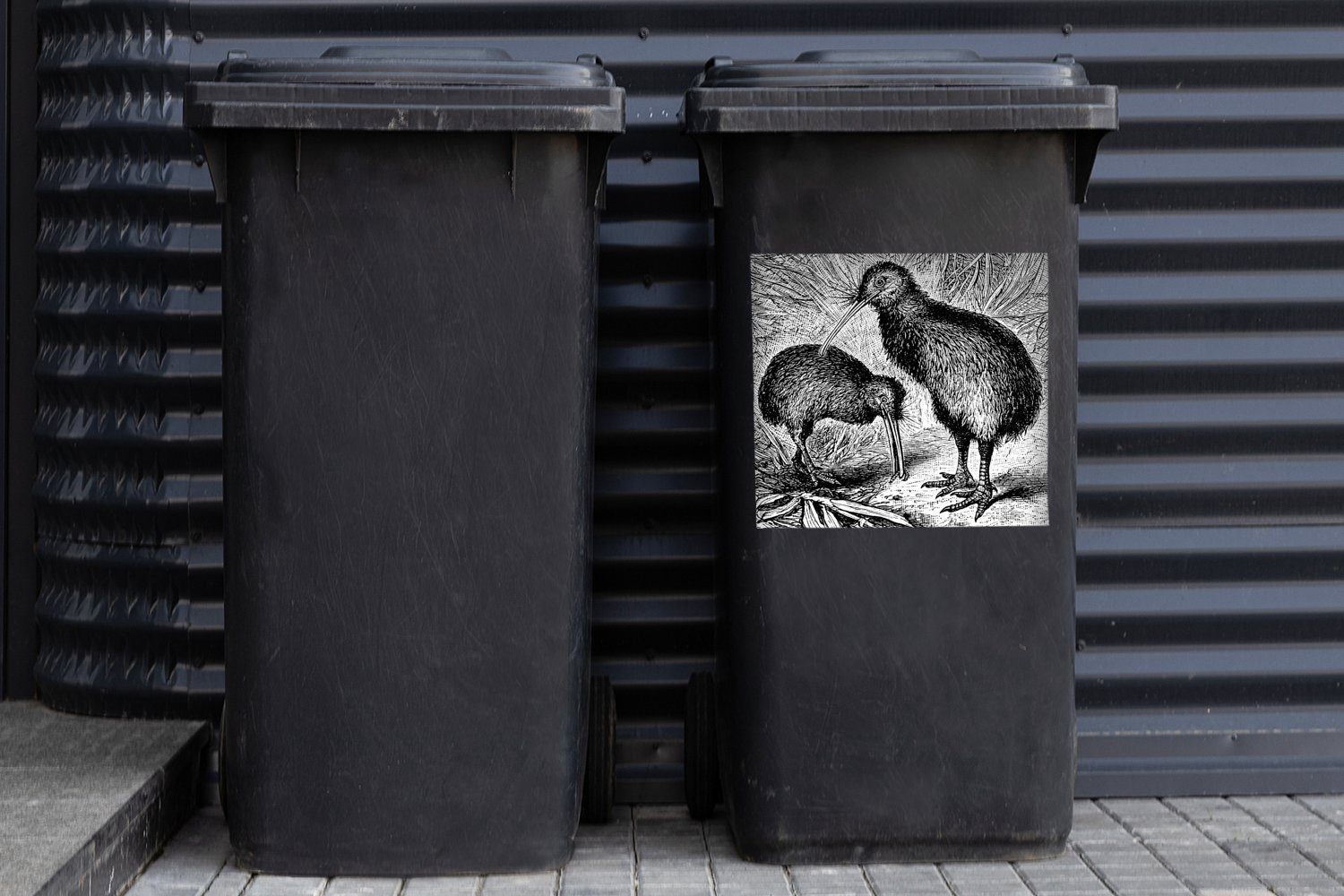 MuchoWow Wandsticker Schwarz-Weiß-Illustration von zwei Kiwi-Vögeln Sticker, Mülltonne, (1 Abfalbehälter Mülleimer-aufkleber, St), Container