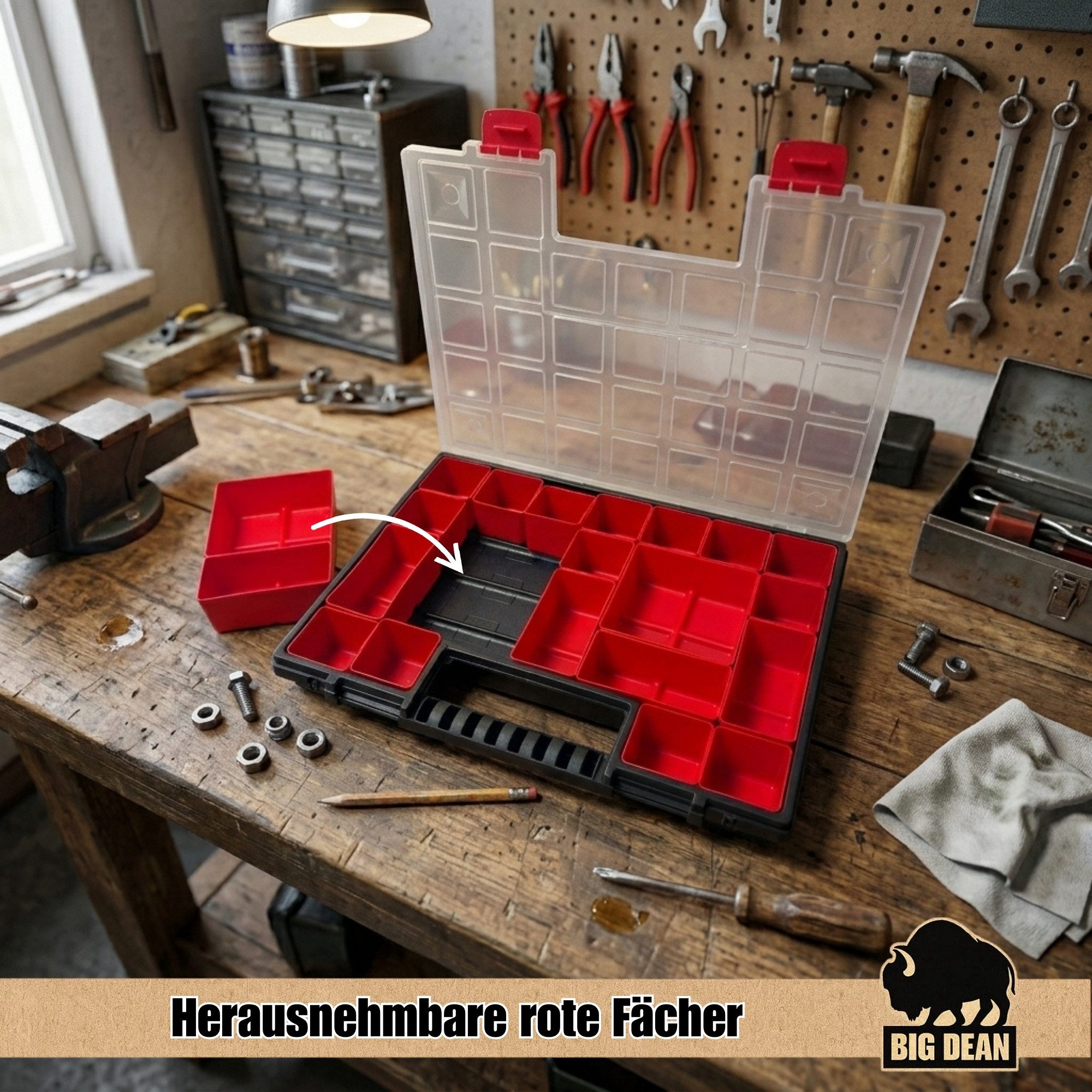 BigDean Sortimentskasten mit herausnehmbaren roten Fächern ideal für Kleinteile Werkzeug (Packung, 1 St., Packung), Herausnehmbare Fächer, Übersichtliches System, Robust