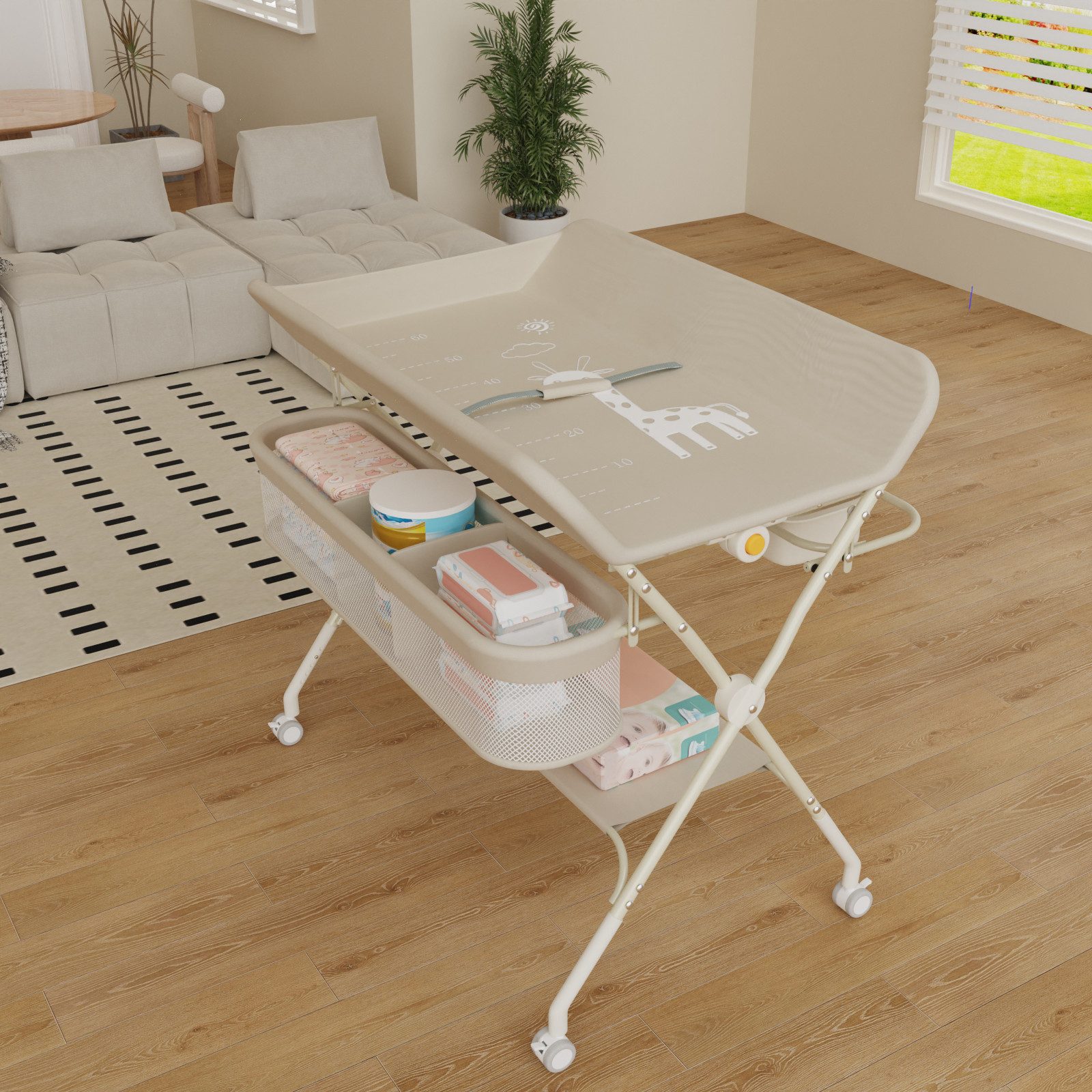 JEOBEST Wickeltisch Baby Wickelkombi, Wickelauflage,Trendy, (1-tlg) Mobil, Mit Bremse,5-fach höhenverstellbar,Klappbar,Ablagekorb