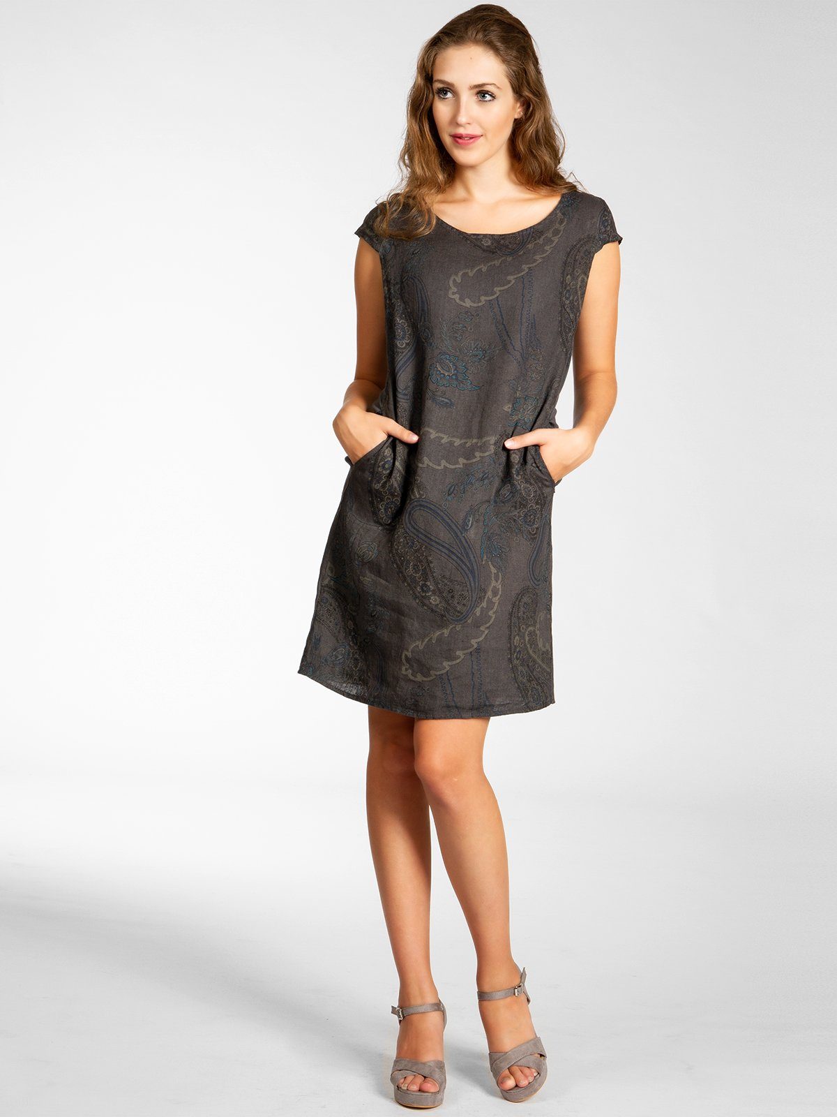 Caspar Sommerkleid SKL022 Damen Sommer Leinenkleid mit Paisley Print bis Größe 50 Luftig leicht, figurumspielende Form, mit seitlichem Jersey-Einsatz