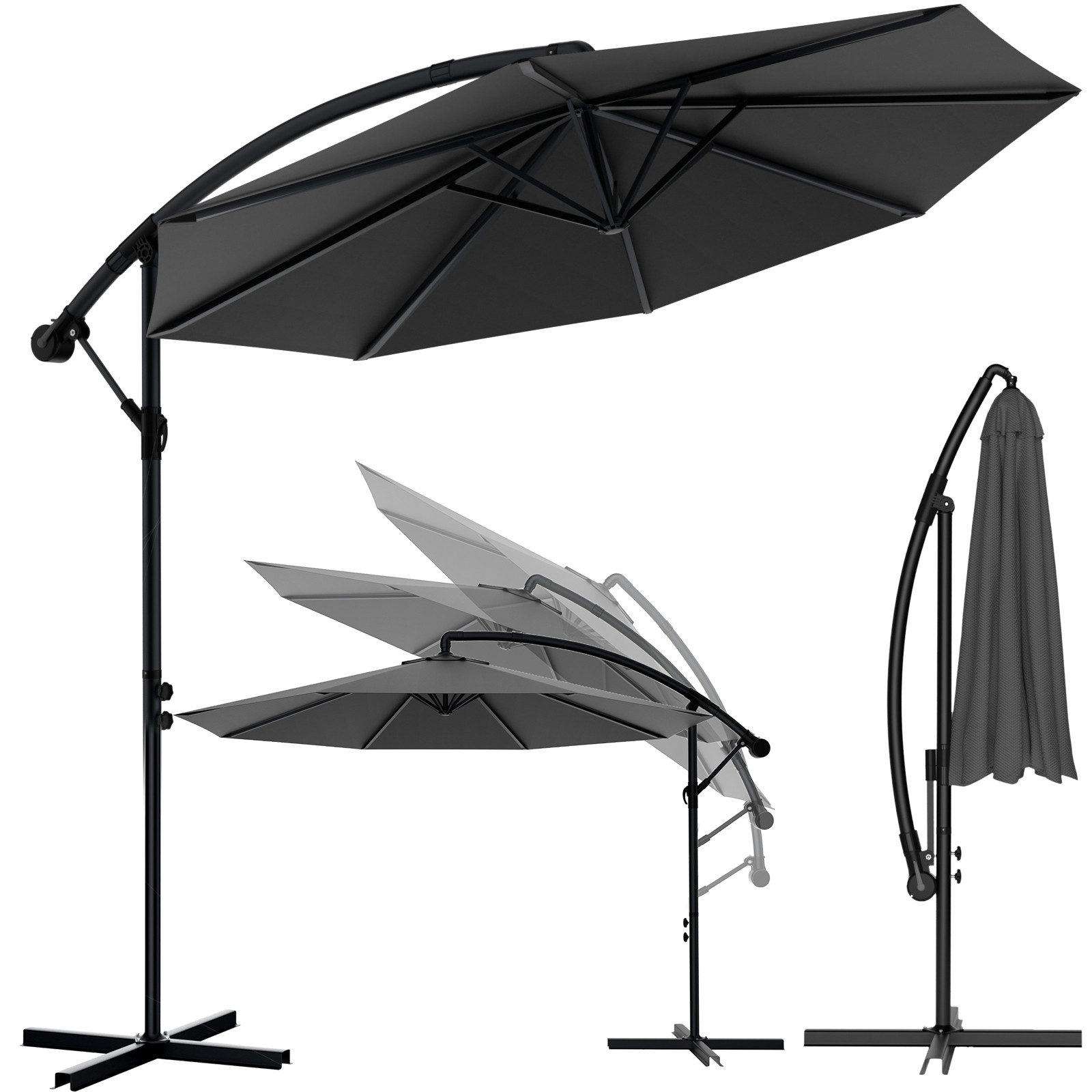 Huracan Sonnenschirm LED Solar Ø 250/300/350cm Ampelschirm mit Kurbel, Ständer, Gartenschirm Balkonschirm UV-Schutz Aluminium wasserdicht 360°neigbar
