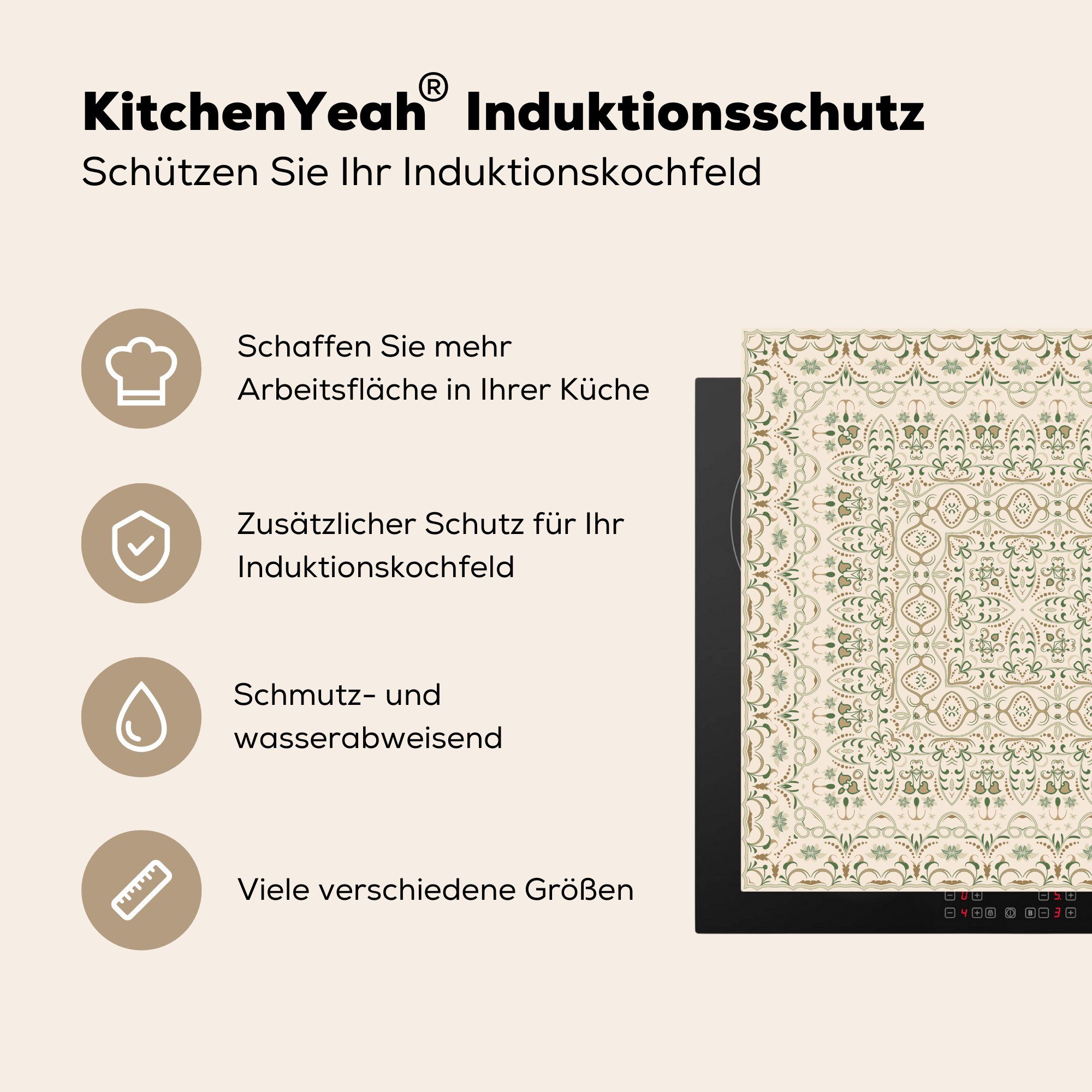 (1 cm, - Teppich Arbeitsplatte - Herdblende-/Abdeckplatte Muster Perserteppich Vinyl, küche - für Ceranfeldabdeckung, 78x78 Grün, tlg), MuchoWow