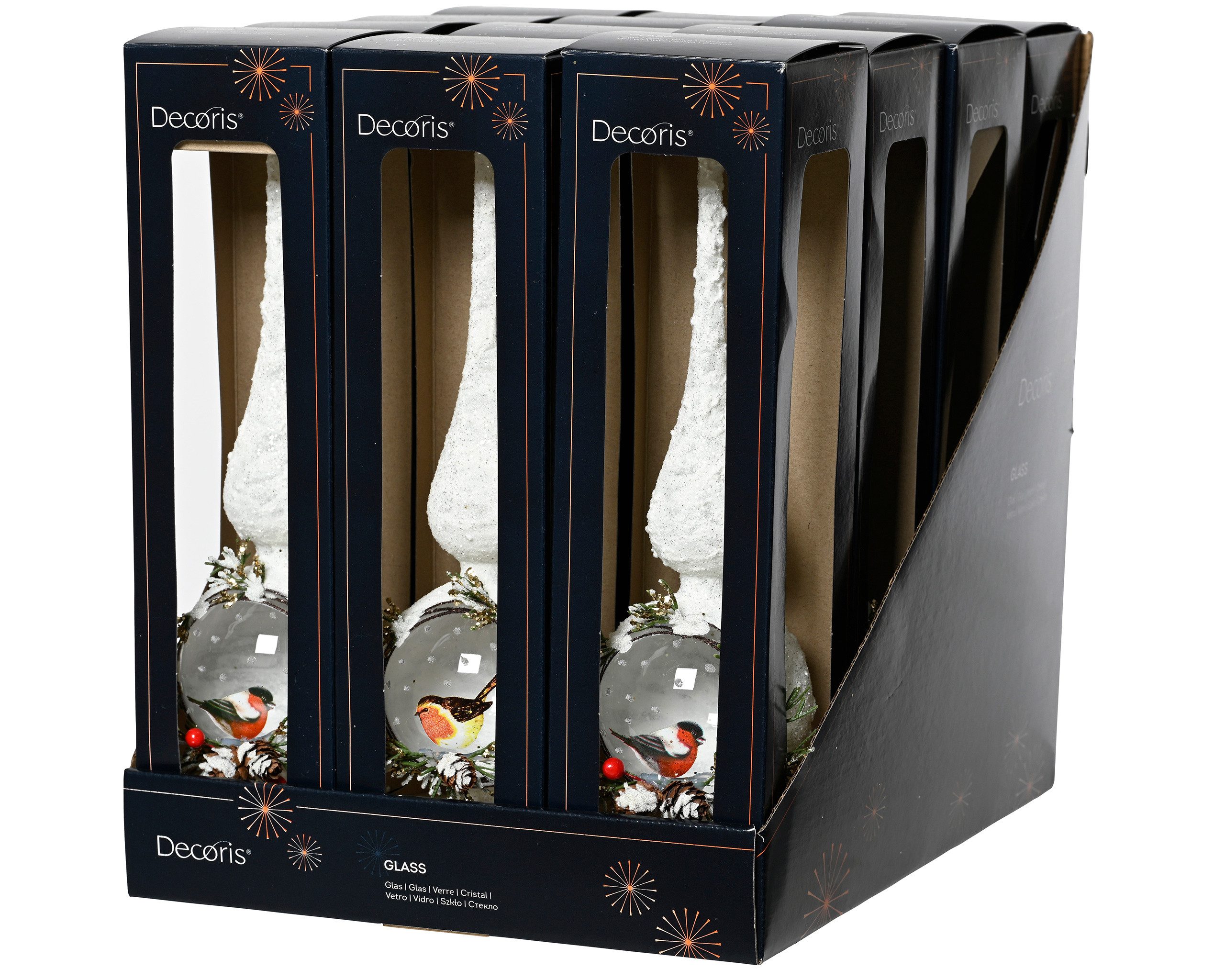 Kaemingk Christbaumspitze, Christbaumspitze Glas 31cm mit Schnee & Vogel Motiv 1 Stück sort. Weiß