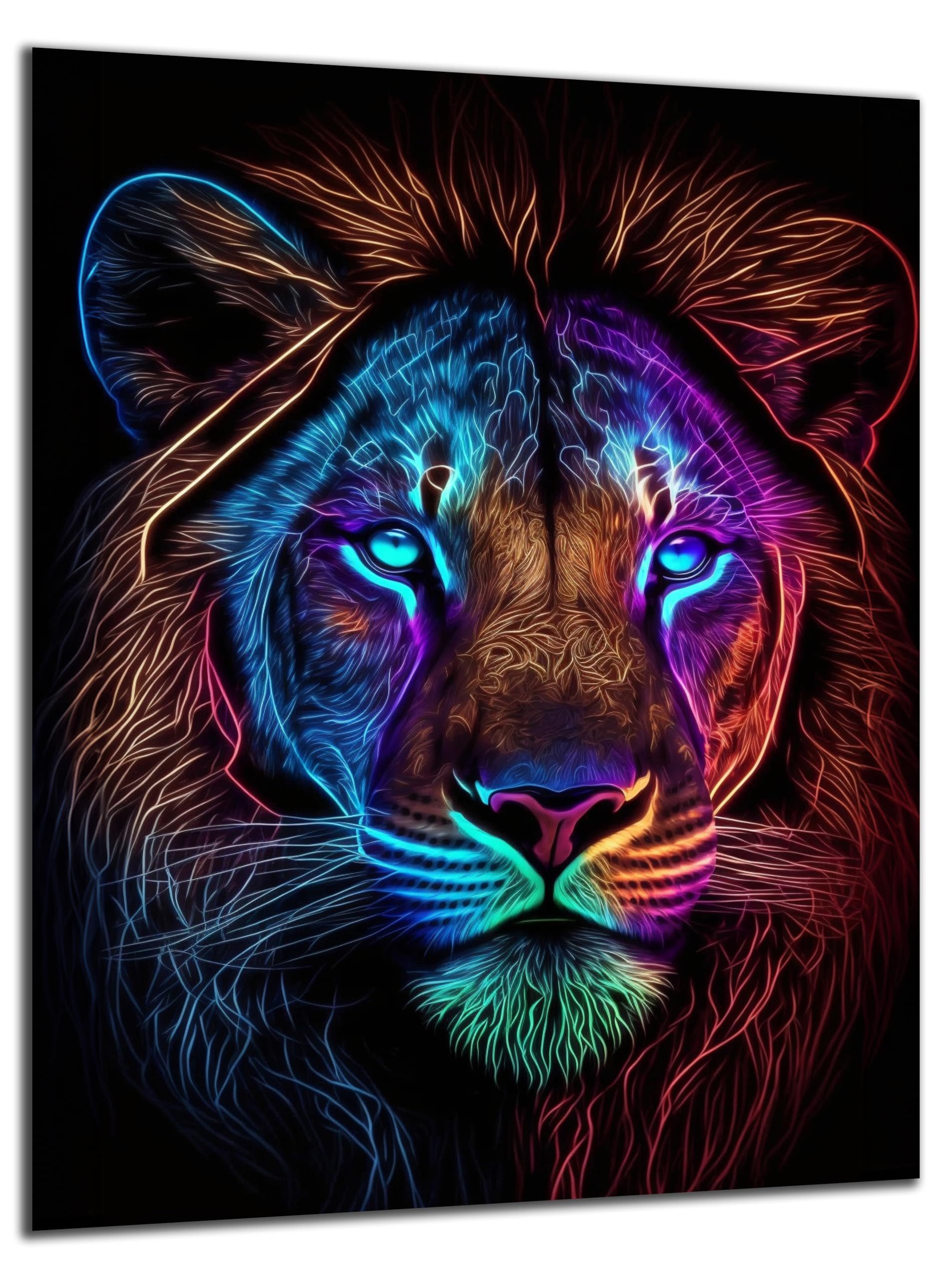 DARO Design Wandbild Neon Tiere Wandbilder Wand Deko Bilder Modern Leinwandbild, (Neon Löwe - Bild klein Wohnzimmer Büro Jugendzimmer Flur Einteilig Querformat Fotodruck Neon-Tierkunst), 30x20 cm