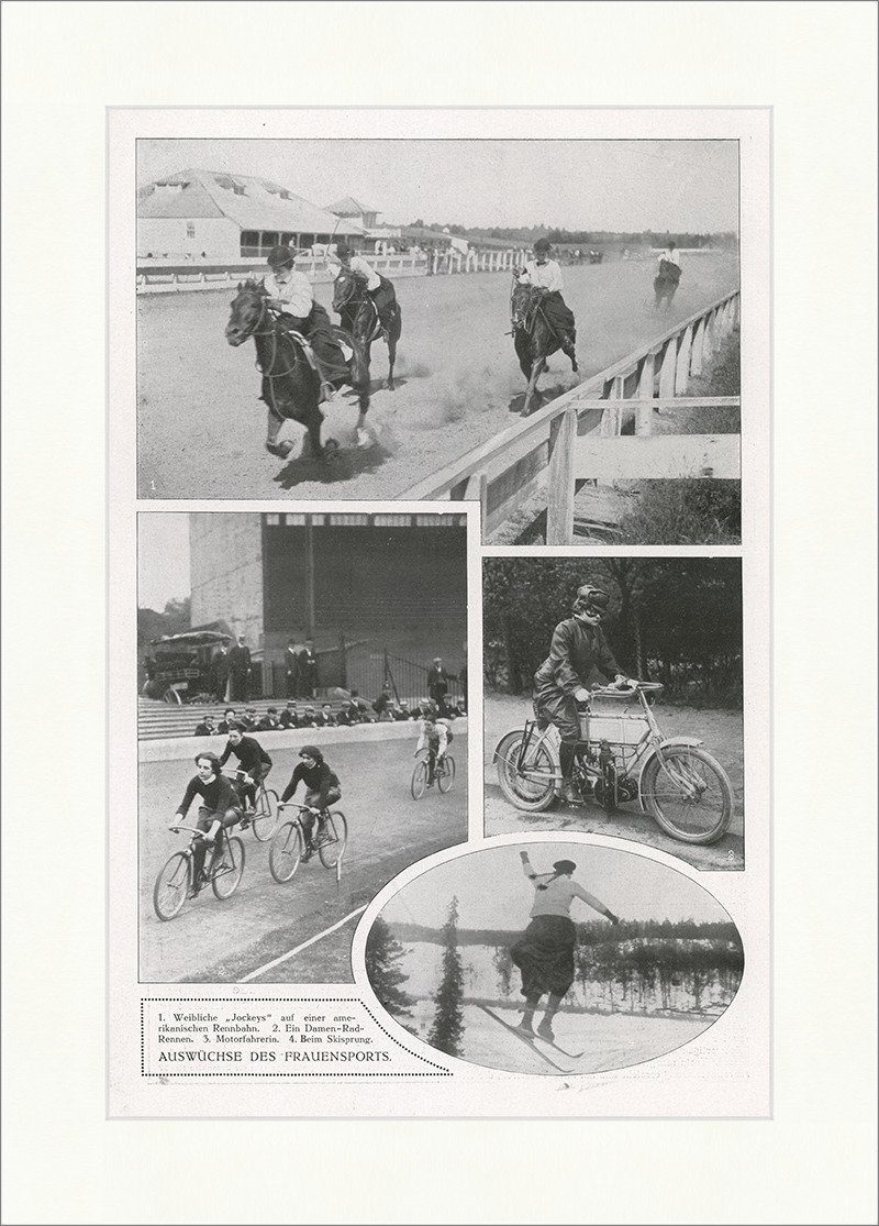 Kunstdruck Auswüchse des Frauensports Jockeys Fahrrad Ski Pferde Sport F_Vintage