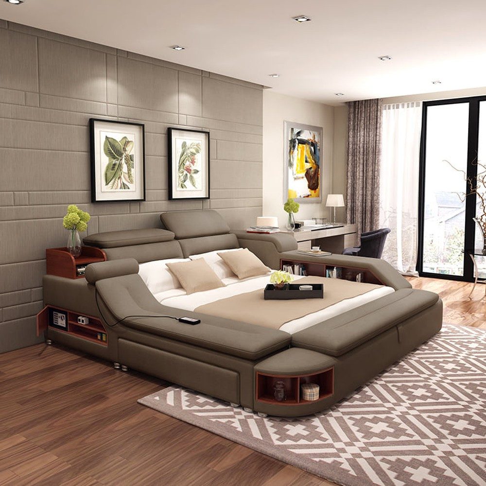 Xlmoebel Multimediabett Modernes Lederbett mit integrierten Lautsprechern und USB-Anschluss (Multifunktions Bett), Hergestellt in Europa