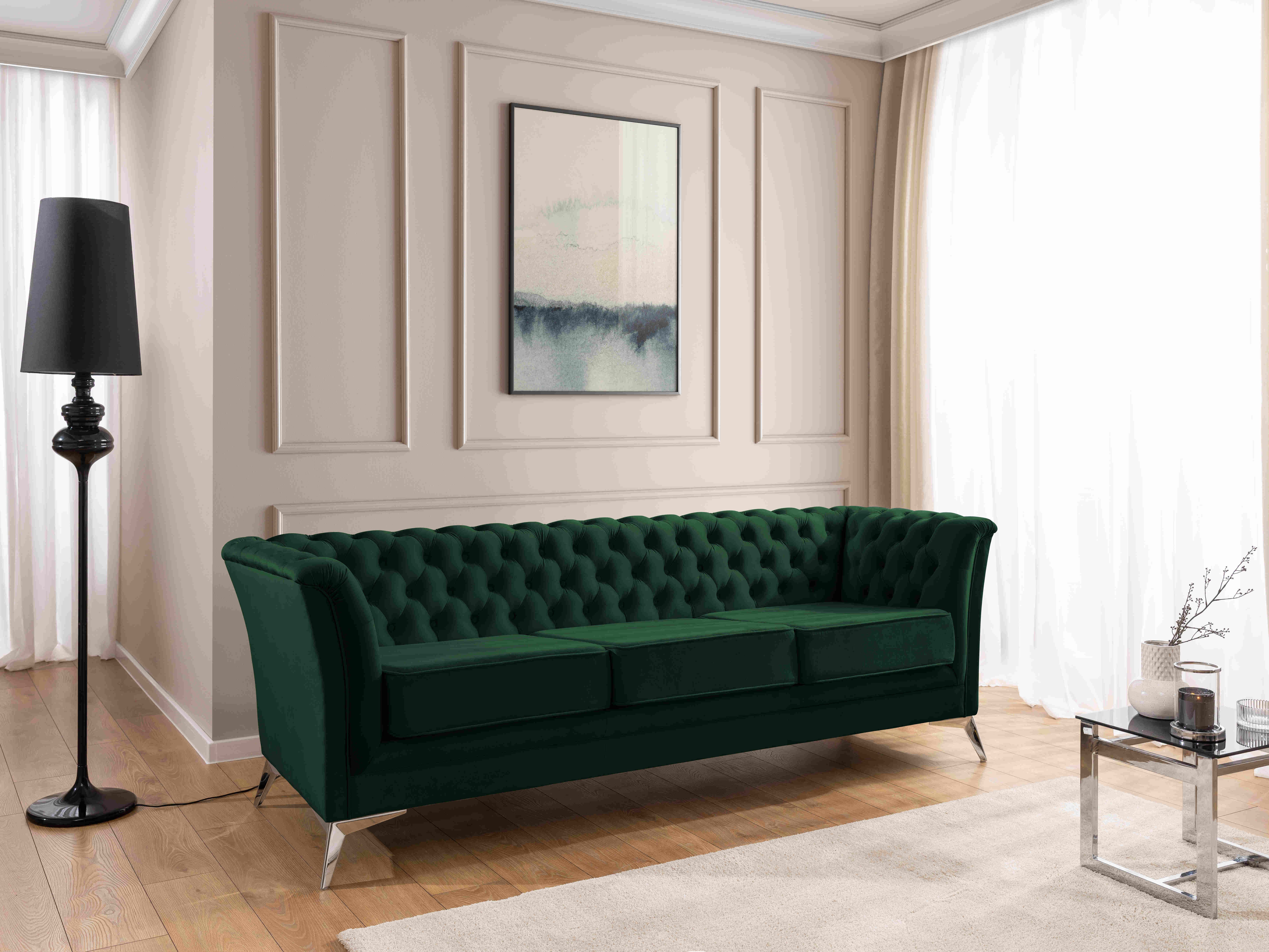 S-Style Möbel Chesterfield-Sofa Whitby, 3-Sitzer aus Samt mit goldenen, silbernen oder schwarzen Füßen, mit Wellenfederung