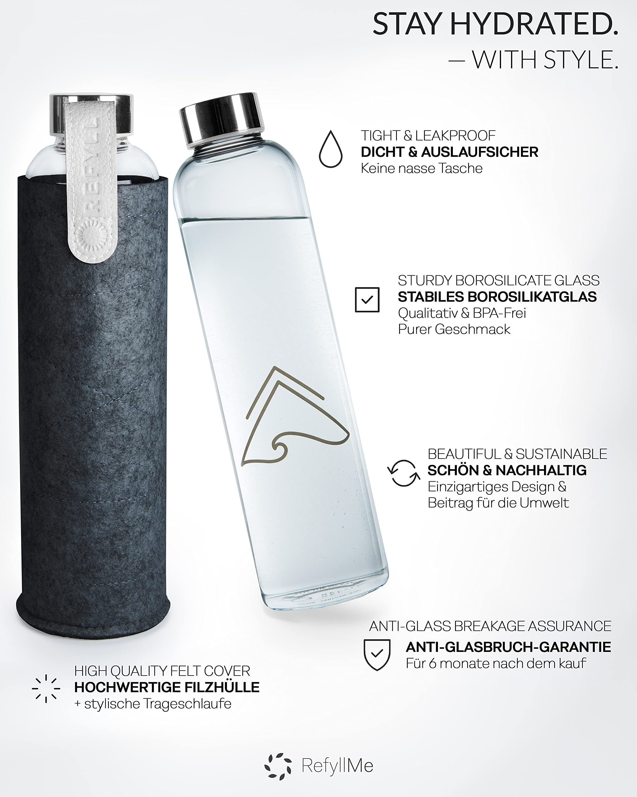 REFYLL Trinkflasche I 750ml Cover BPA-frei, mit mit Filzhülle mit Designer Glasflasche I I Schutzhülle "pureFyll" 0,75L Trinkflasche silber Wasserflasche