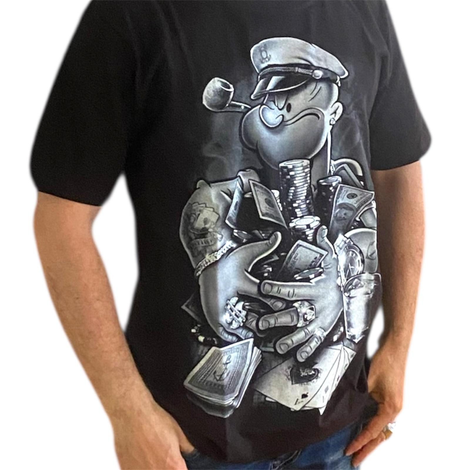 Marinblue American-Shirt Gangster Popeye T-Shirt Schwarz Cartoon Streetwear Geld & Poker Unisex
