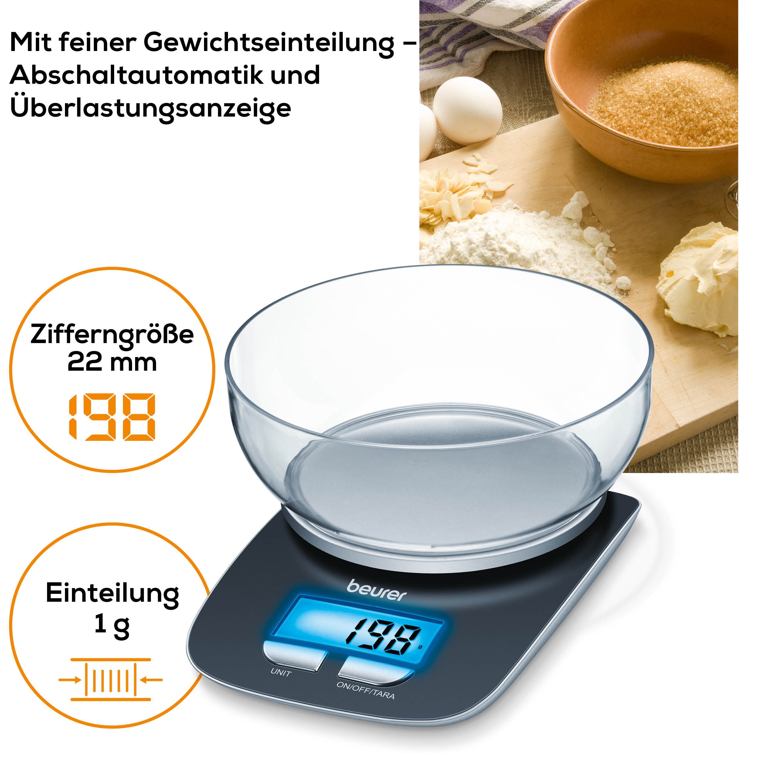 BEURER Küchenwaage KS 25 Haushaltswaage, mit praktischer Schüssel, Tara-Zuwiegefunktion, Koch- und Backwaage mit 3 kg Tragkraft und Schüssel mit 1,2l – Bild 5 von 5