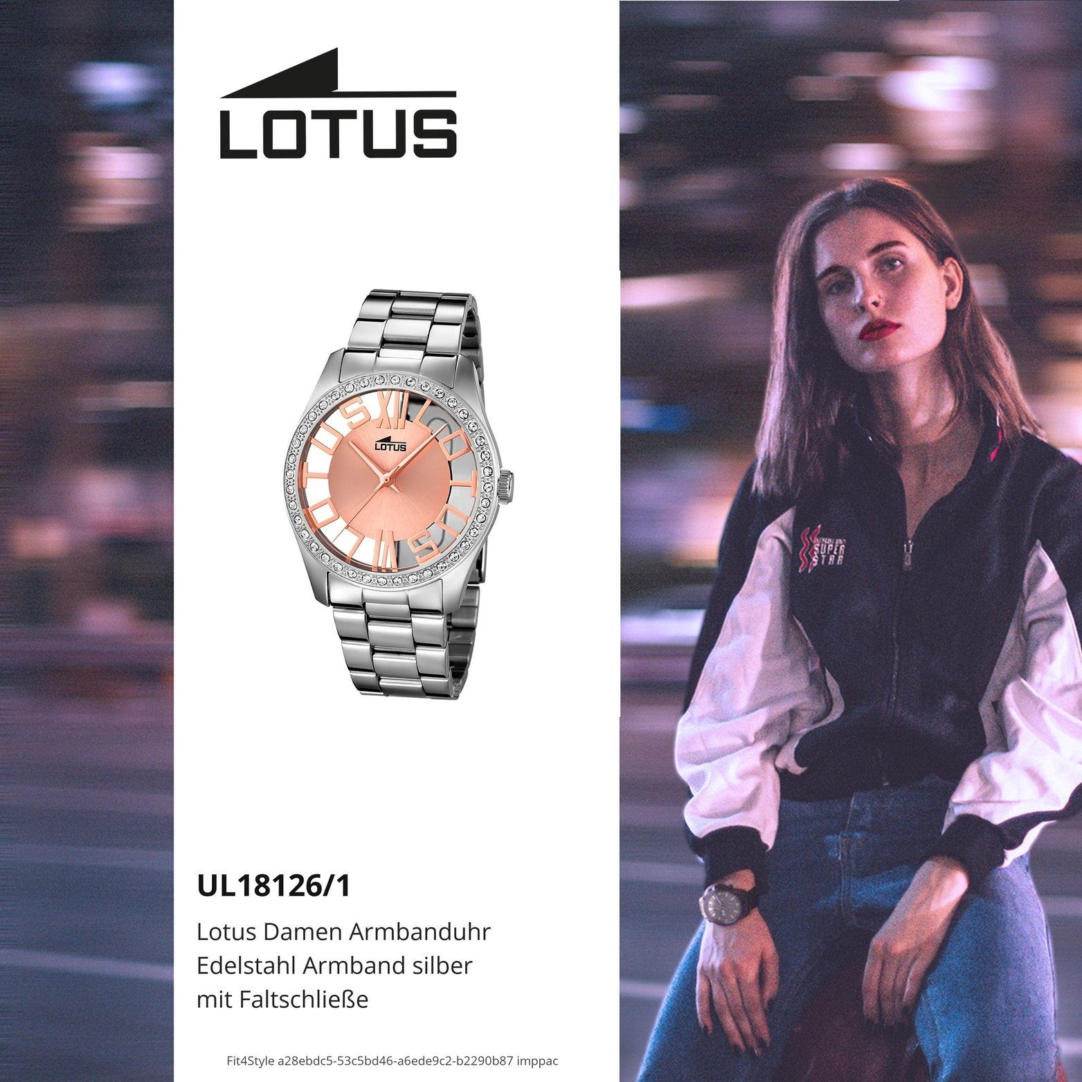Uhr L18126/1, Edelstahlarmband, Damenuhr Lotus rundes Lotus Quarzuhr Gehäuse, (ca. 36mm), mittel Edelstahl mit Damen Fash