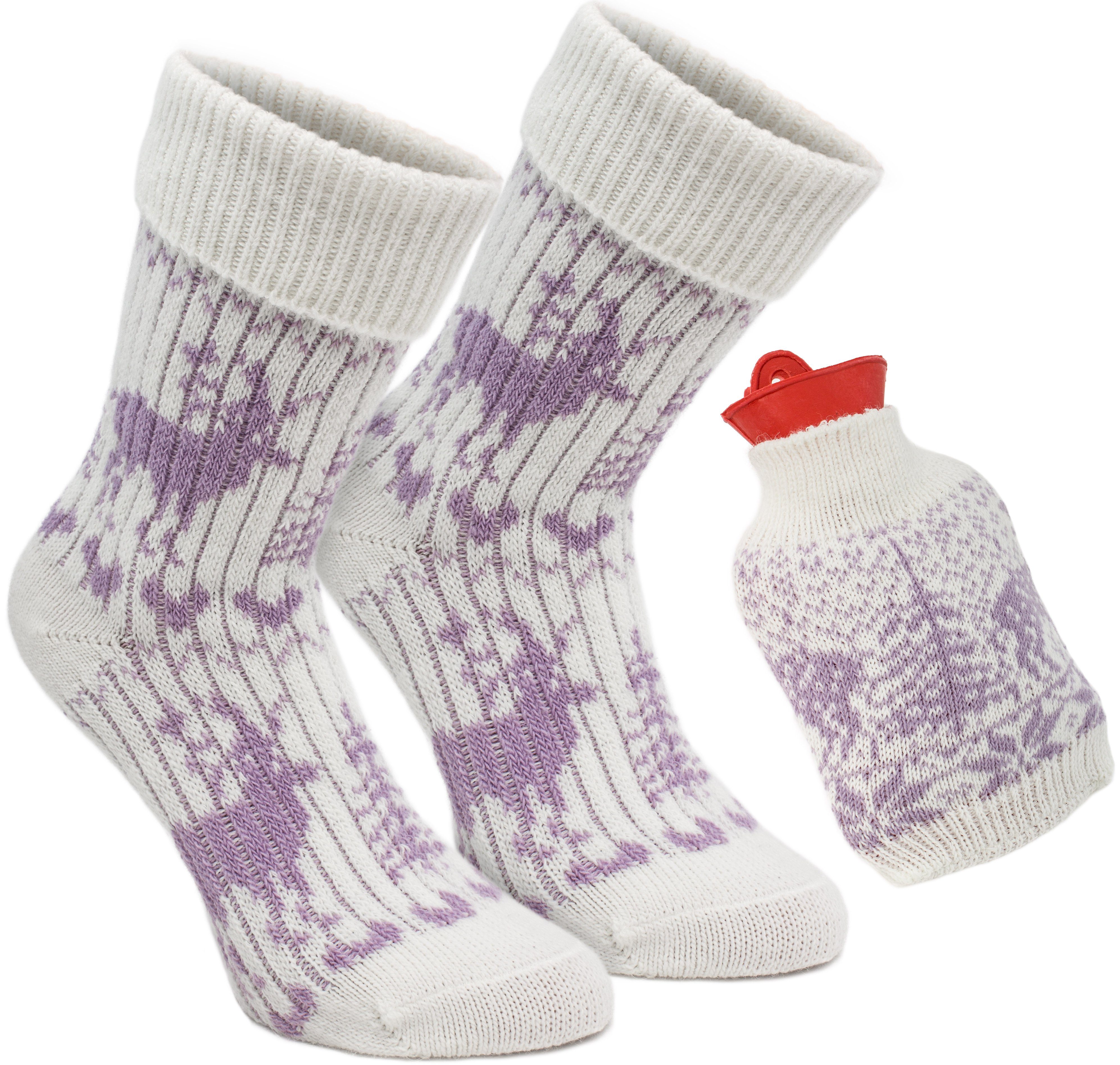 mit Geschenkset BRUBAKER Kuschel für Warme (1-Paar) Frauen Wärmeflasche Kuschelsocken Lila Norwegersocken Set Füße