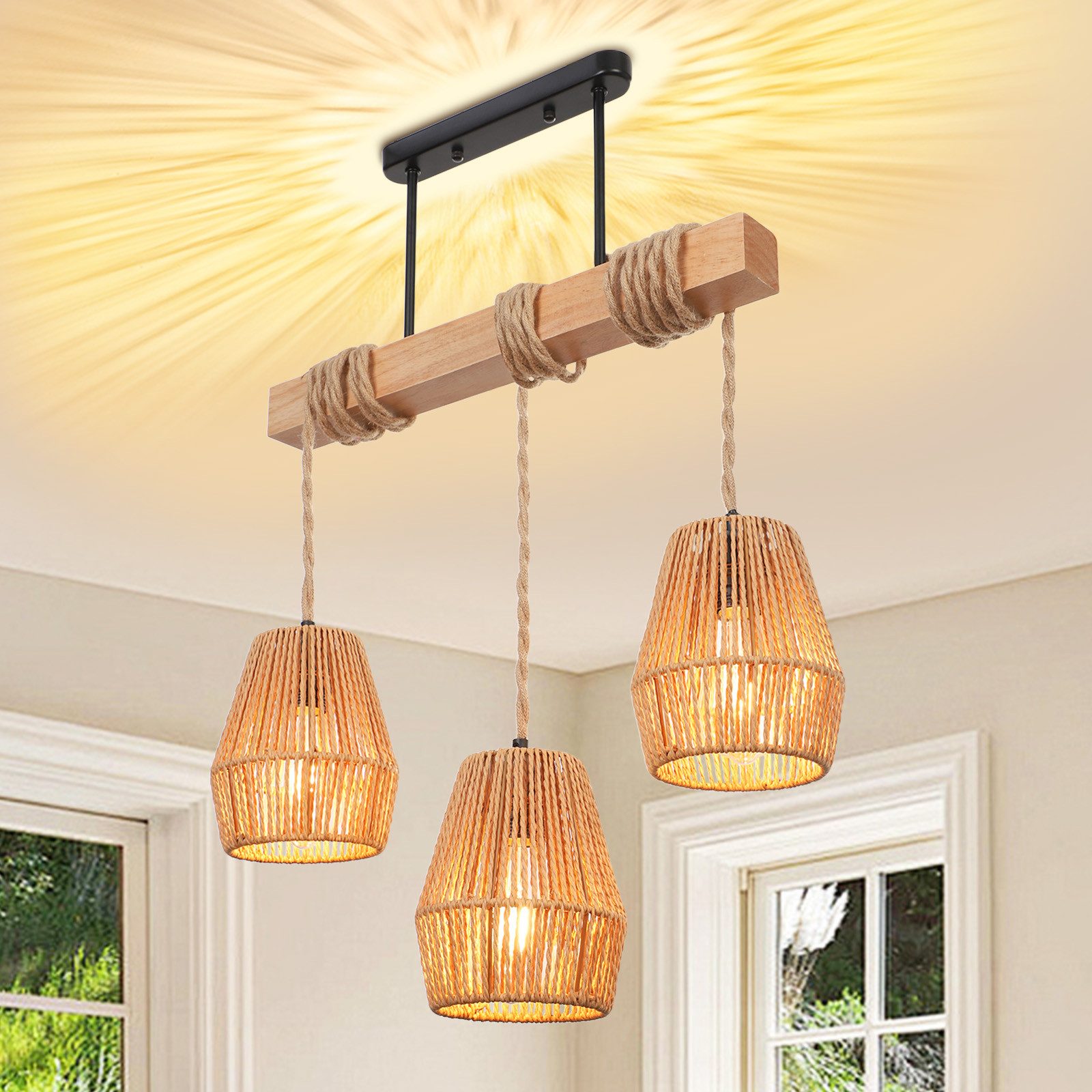 Rosnek Hängeleuchten 3-flammige Rattan Pendelleuchte 40 W – Höhenverstellbar Küchenlampe, Warmweiß, Halogen, Farmhouse Kronleuchter aus Glas für Küche, Esszimmer – Landhausstil