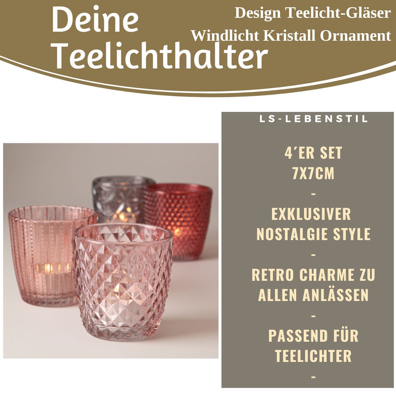LS-LebenStil Teelichthalter 4´er Set Teelichtgläser Retro Rosa Rose 7cm Glas Windlicht (4´er Set Kristall Ornament Windlicht für Teelichter, 4 St., Halter Kerzenständer Tischdeko Kerzenhalter Gläser für Teelichter), 7x7cm, 4´er Set Kristall Ornament Windlicht für Teelichter