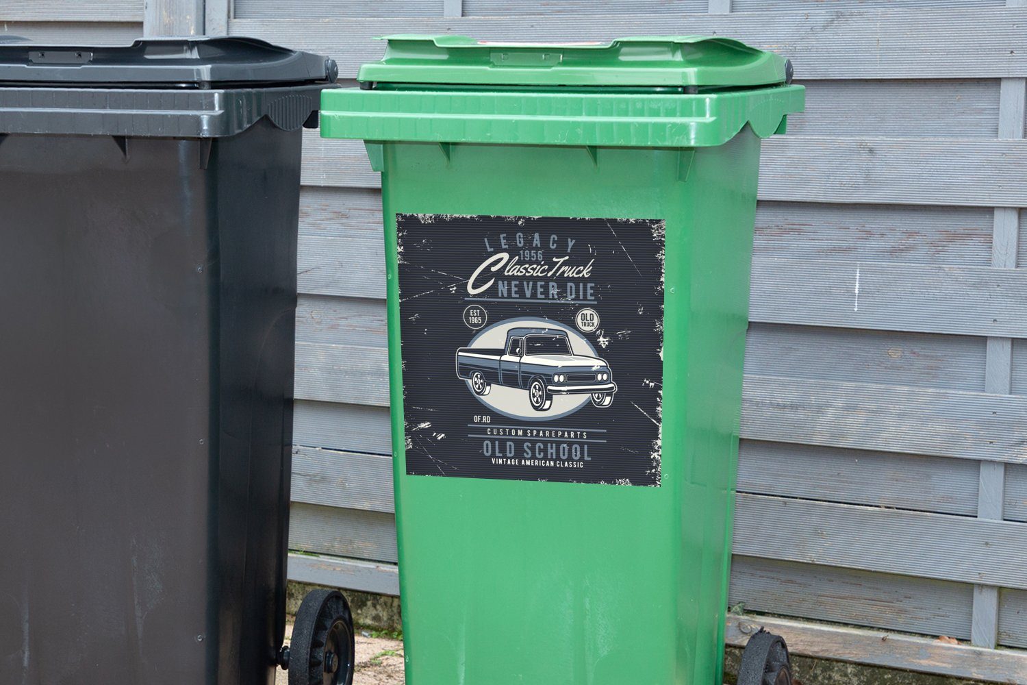 Auto Zeichnung (1 - St), - MuchoWow Wandsticker Vintage Container, Mülltonne, Sticker, Abfalbehälter Mülleimer-aufkleber, Blau -