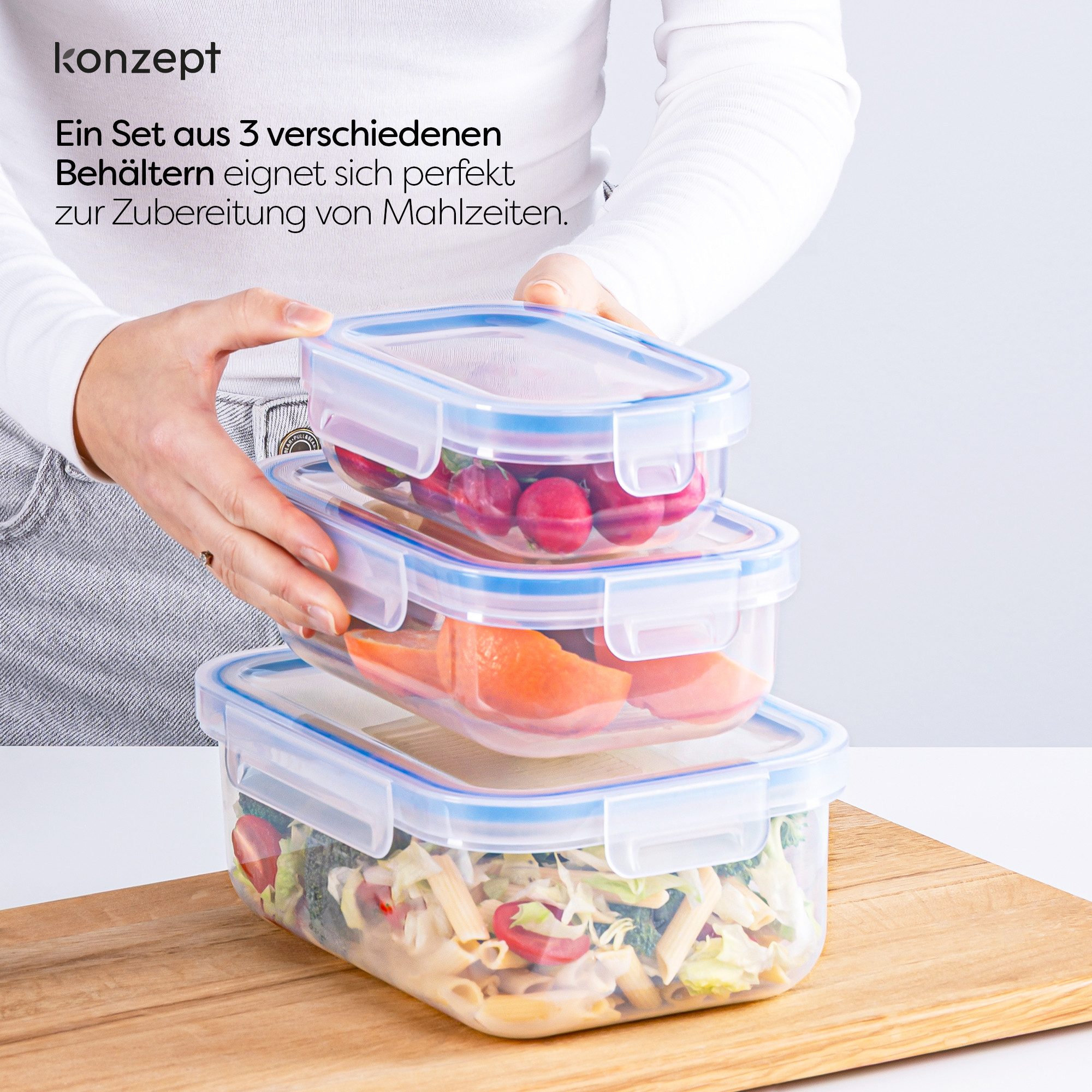 KONZEPT Frischhaltedose mit Deckel 3er Set 600ml/1L/2L,transparent, (3-tlg), BPA-frei, Stapelbar, Für Kühlschrank, Zum Mitnehmen – Bild 5 von 5