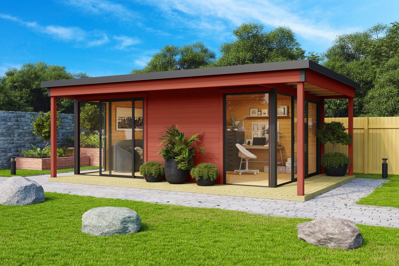 Thumbnail - LASITA MAJA Gartenhaus Domeo 3 Loggia Schwedenrot, BxT: 608,4x418,9 cm, (Set), mit Überdachung, Position der Zwischenwan...
