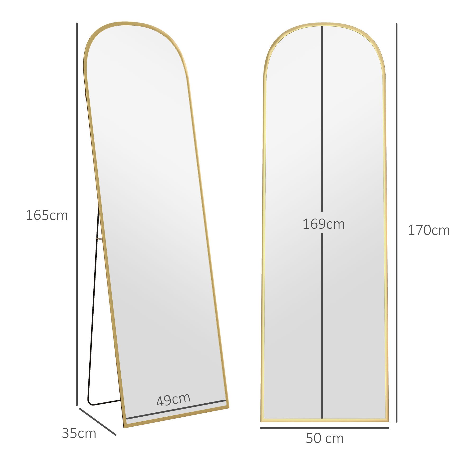 HOMCOM Standspiegel Standspiegel mit Bruchsichere Hartglas und Alurahmen, Wandspiegel (Ganzkörperspiegel, 1-St., 170 x 50 cm Gewölbter Wandspiegel), zum Anlehnen, Stehen, für Wohnzimmer, Schlafzimmer, Flur, Gold