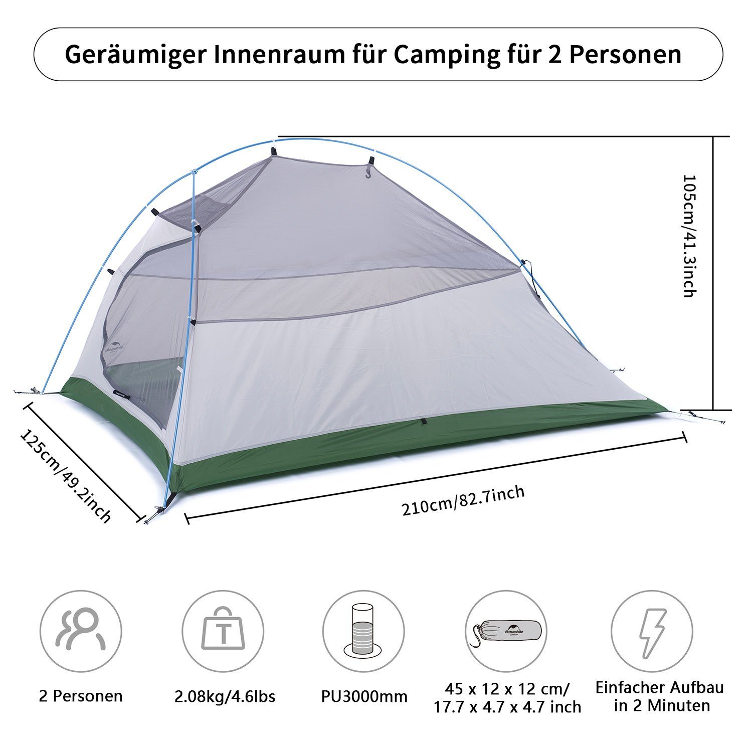 Rucksackzelt, Kuppelzelt Naturehike 2 Grün Ultraleichtes Wasserdicht Zelt Leichtes Campingzelt Personen: