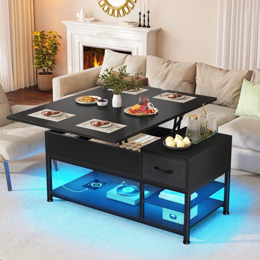 Klyvvo Couchtisch Höhenverstellbar mit LED und Stauraum, 4-in-1 Wohnzimmertisch (1-St), Steckdosen, USB, Coffee Table für Wohnzimmer, Büro, 1 Schubladen