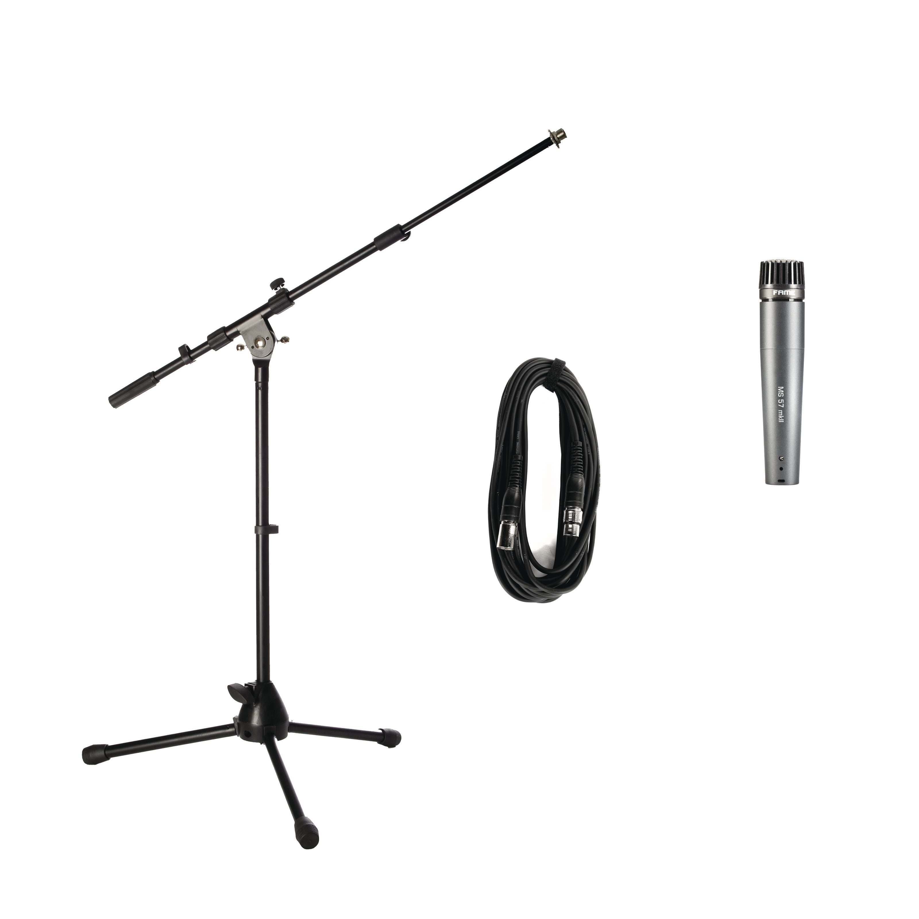 FAME Mikrofon (Audio MS 57 MKII Instrumentalmikrofon Set Bassdrumstativ 5m XLR Kabel Dynamisches Mikrofon für Instrumente), Instrumentalmikrofon Set, Dynamisches Mikrofon, Bassdrumstativ