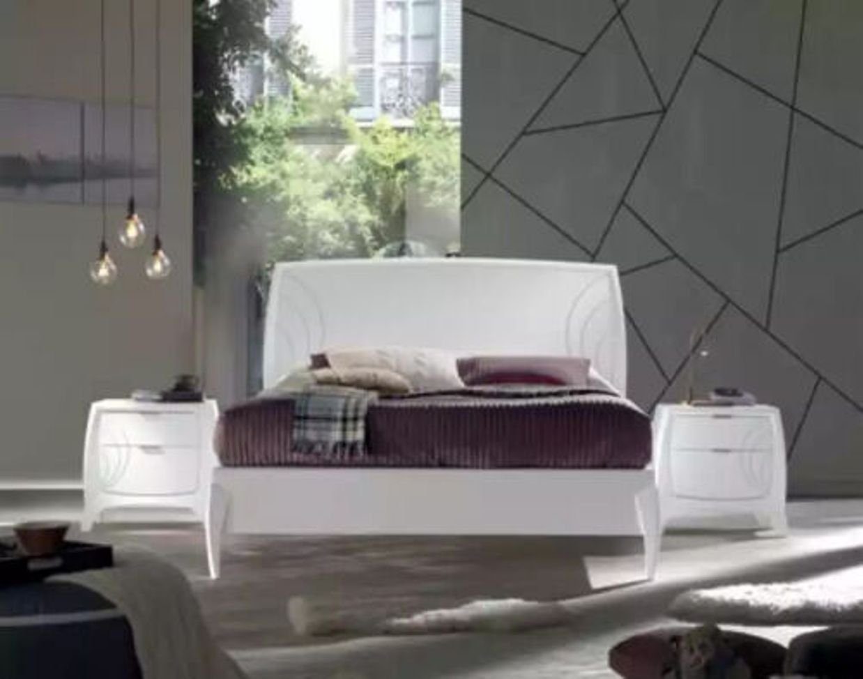 Möbel Holz Nachttische JVmoebel Schlafzimmer Schlafzimmer-Set Nachttische), 3 + Bett in (3-St., 2x Set Weiß tlg. Italy 2x Made Neu, Bett