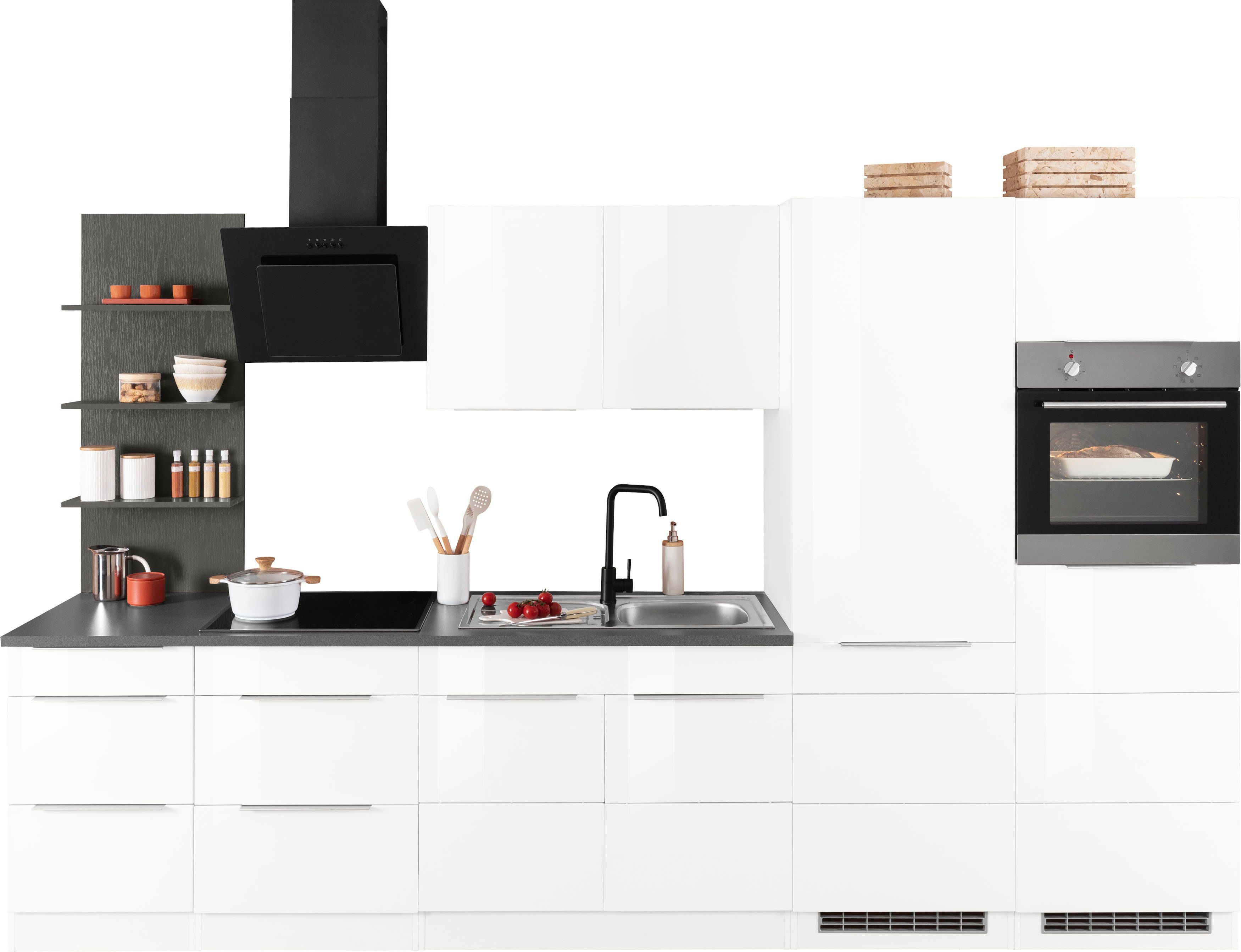 KOCHSTATION Küchenzeile KS-Brindisi Breite 330 cm, wahlweise mit E-Geräten und Induktion, mit MDF-Fronten und Regal