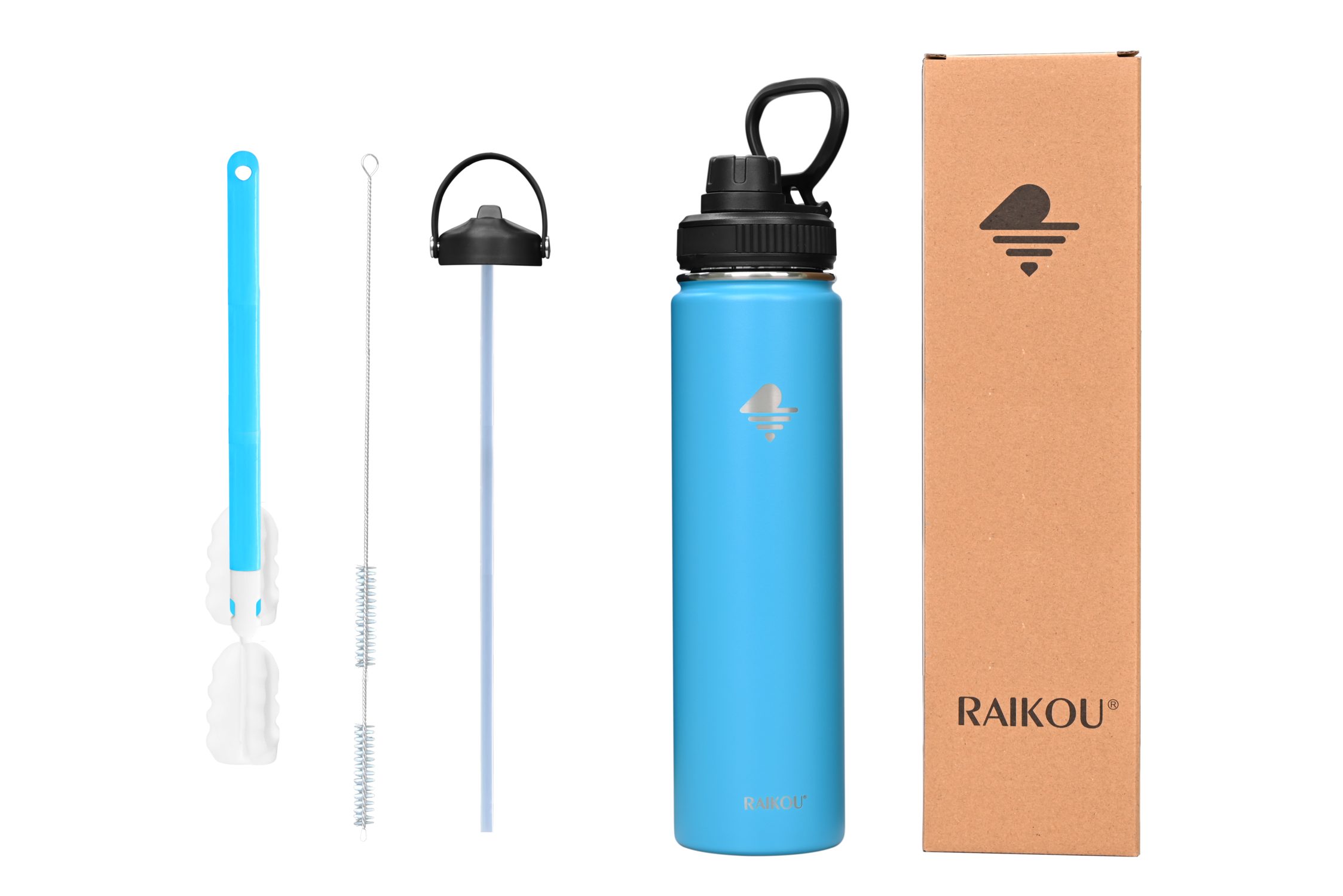 RAIKOU Isolierflasche Trinkflasche Vakuumisolierte Wasserflasche Auslaufsichere Sportflasche, mit 2 Deckel Blau