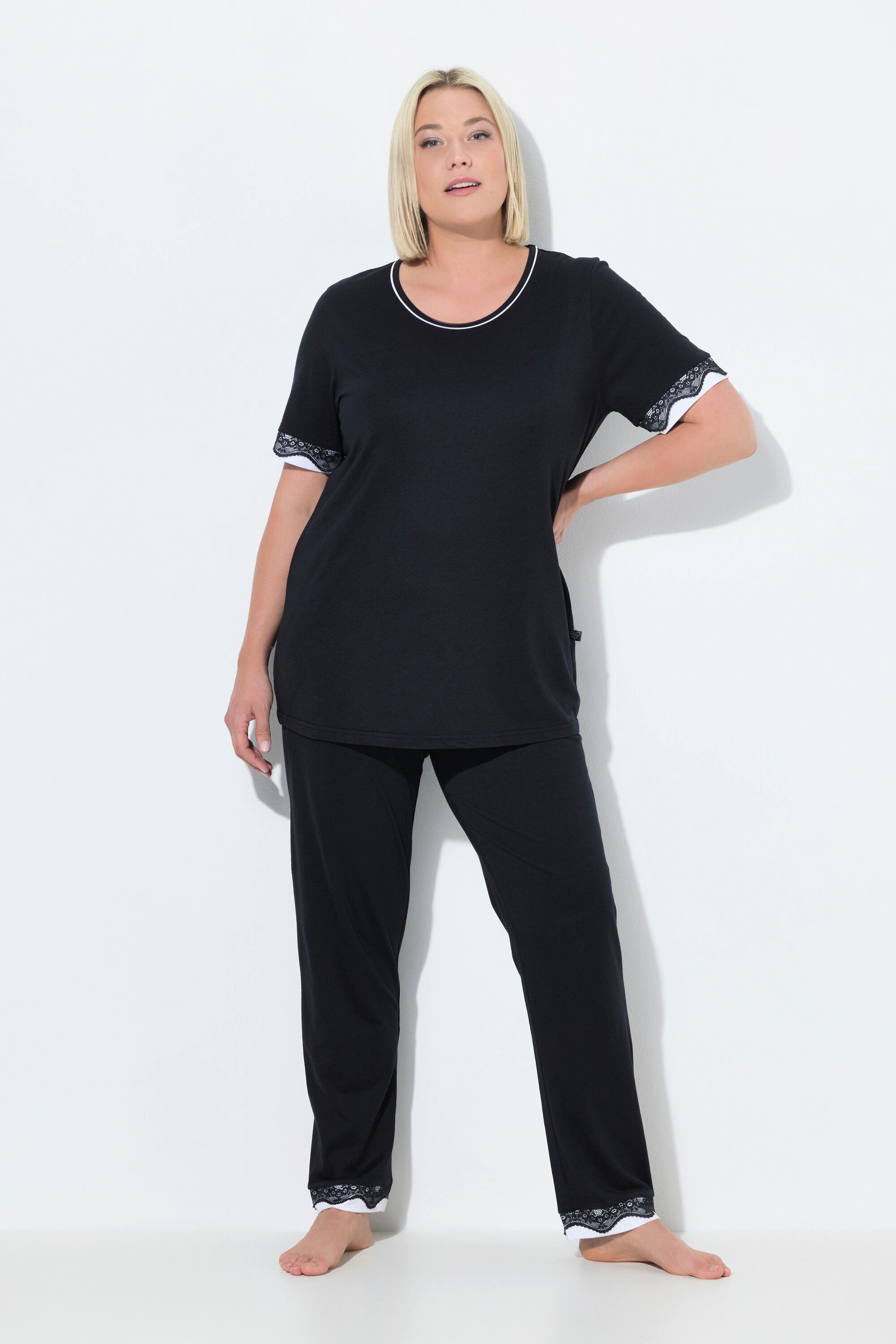 Ulla Popken Pyjama Schlafanzug Spitzenkanten Rundhals günstig online kaufen
