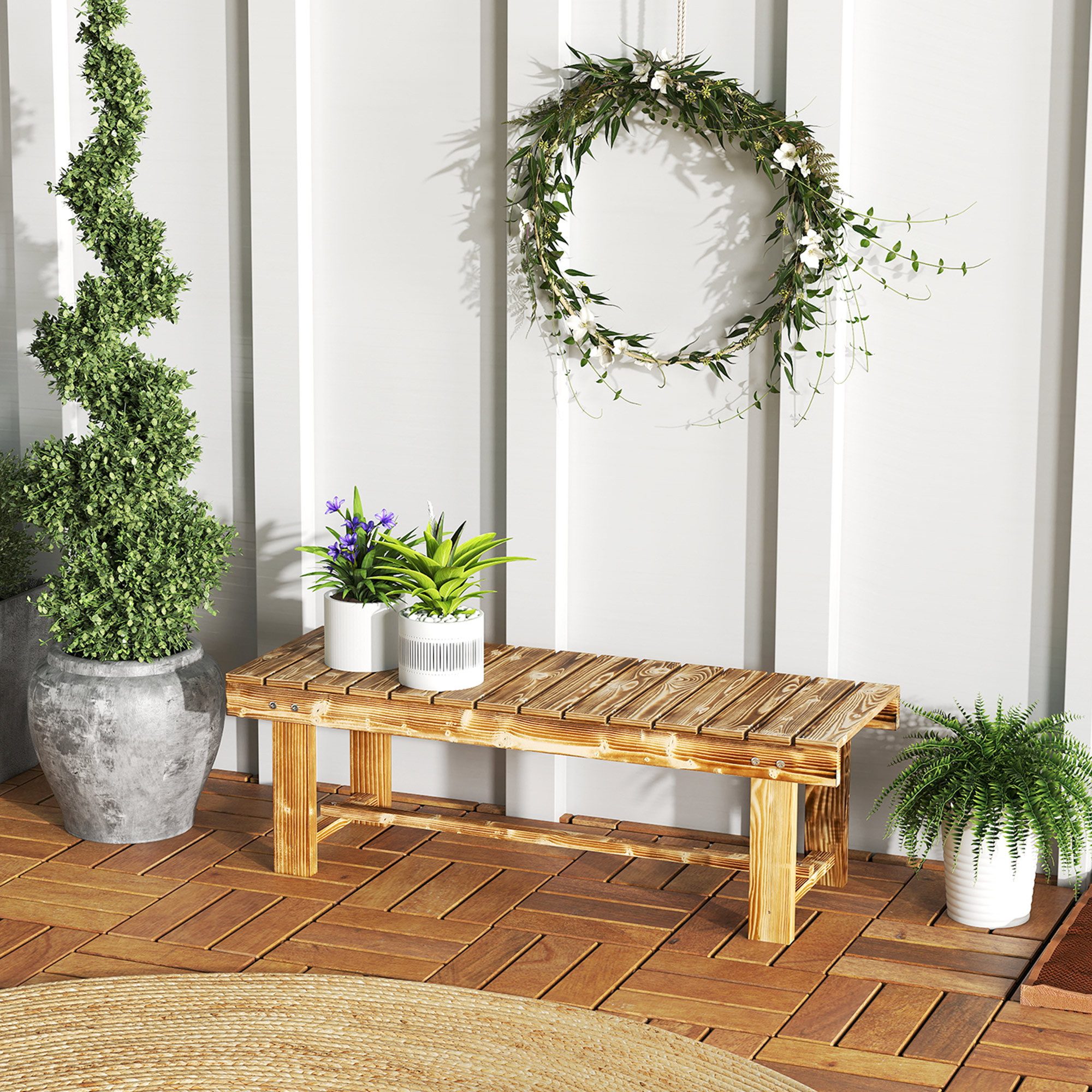 Outsunny Bank Holz wetterfest Gartenmöbel mit Wasserresistente Lackierung (2-Sitzer Holzbank, 1-St., Gartenbank), Dunkelbraun, 110 x 38 x 35 cm