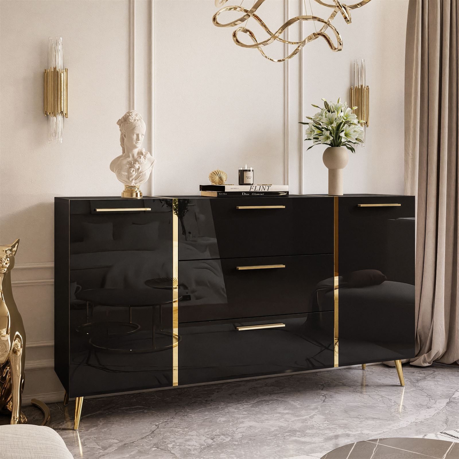 ALLHOUSE24 Wohnzimmer-Set DIAMANT Schwarz Hochglanz GOLD Metallfüßen Wohnzimmer Möbel SET, (3-St), Das Set besteht aus: Kommode, TV Schrank, Couchtisch